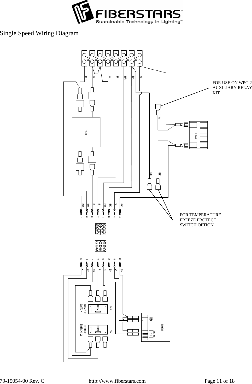  79-15054-00 Rev. C  http://www.fiberstars.com  Page 11 of 18 Single Speed Wiring Diagram FOR USE ON WPC-2 AUXILIARY RELAY KIT FOR TEMPERATURE FREEZE PROTECT SWITCH OPTION 