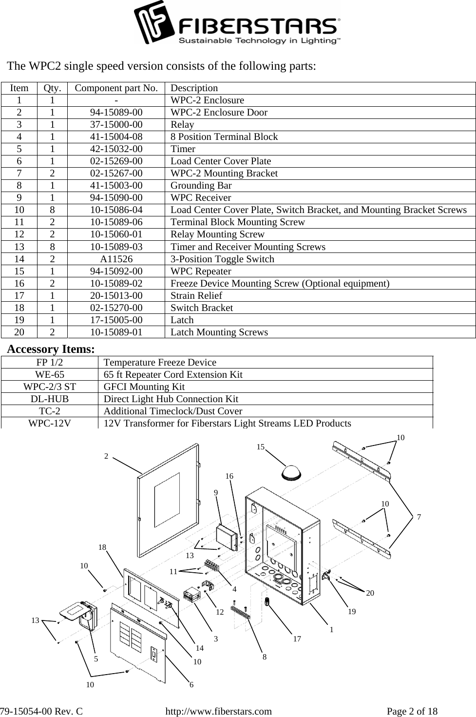  79-15054-00 Rev. C  http://www.fiberstars.com  Page 2 of 18 The WPC2 single speed version consists of the following parts:  Item  Qty.  Component part No.  Description 1 1  -  WPC-2 Enclosure 2 1  94-15089-00 WPC-2 Enclosure Door 3 1  37-15000-00 Relay 4  1  41-15004-08  8 Position Terminal Block 5 1  42-15032-00 Timer 6  1  02-15269-00  Load Center Cover Plate 7  2  02-15267-00  WPC-2 Mounting Bracket 8 1  41-15003-00 Grounding Bar 9 1  94-15090-00 WPC Receiver 10  8  10-15086-04  Load Center Cover Plate, Switch Bracket, and Mounting Bracket Screws 11  2  10-15089-06  Terminal Block Mounting Screw 12  2  10-15060-01  Relay Mounting Screw 13  8  10-15089-03  Timer and Receiver Mounting Screws 14  2  A11526  3-Position Toggle Switch 15 1  94-15092-00  WPC Repeater 16  2  10-15089-02  Freeze Device Mounting Screw (Optional equipment) 17 1  20-15013-00  Strain Relief 18 1  02-15270-00  Switch Bracket 19 1  17-15005-00  Latch 20  2  10-15089-01  Latch Mounting Screws  Accessory Items: FP 1/2  Temperature Freeze Device WE-65  65 ft Repeater Cord Extension Kit WPC-2/3 ST  GFCI Mounting Kit DL-HUB  Direct Light Hub Connection Kit TC-2  Additional Timeclock/Dust Cover WPC-12V  12V Transformer for Fiberstars Light Streams LED Products17161510 18  1313 1110 10 9 8 10 7 5 3 126 14104 2 1 1920 