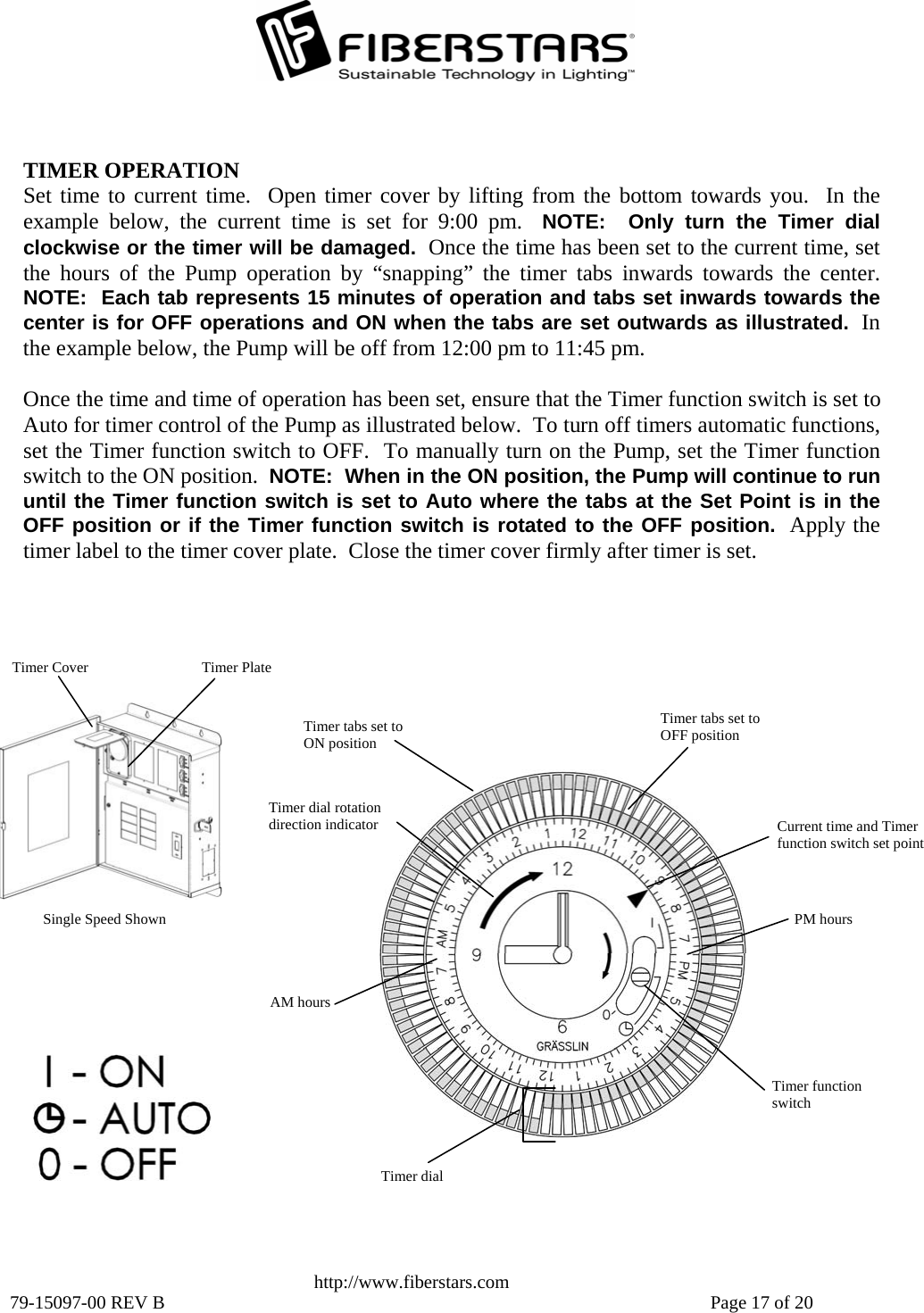   http://www.fiberstars.com 79-15097-00 REV B    Page 17 of 20 Single Speed Shown  PM hoursTimer dialTIMER OPERATION Set time to current time.  Open timer cover by lifting from the bottom towards you.  In theexample below, the current time is set for 9:00 pm.  NOTE:  Only turn the Timer dial clockwise or the timer will be damaged.  Once the time has been set to the current time, setthe hours of the Pump operation by “snapping” the timer tabs inwards towards the center.NOTE:  Each tab represents 15 minutes of operation and tabs set inwards towards thecenter is for OFF operations and ON when the tabs are set outwards as illustrated. In the example below, the Pump will be off from 12:00 pm to 11:45 pm.  Once the time and time of operation has been set, ensure that the Timer function switch is set toAuto for timer control of the Pump as illustrated below.  To turn off timers automatic functions,set the Timer function switch to OFF.  To manually turn on the Pump, set the Timer functionswitch to the ON position.  NOTE:  When in the ON position, the Pump will continue to rununtil the Timer function switch is set to Auto where the tabs at the Set Point is in the OFF position or if the Timer function switch is rotated to the OFF position.  Apply the timer label to the timer cover plate.  Close the timer cover firmly after timer is set. Timer tabs set to OFF position Timer dial rotation direction indicator Timer Plate Timer Cover Timer tabs set to ON position Current time and Timer function switch set point AM hours Timer function switch 