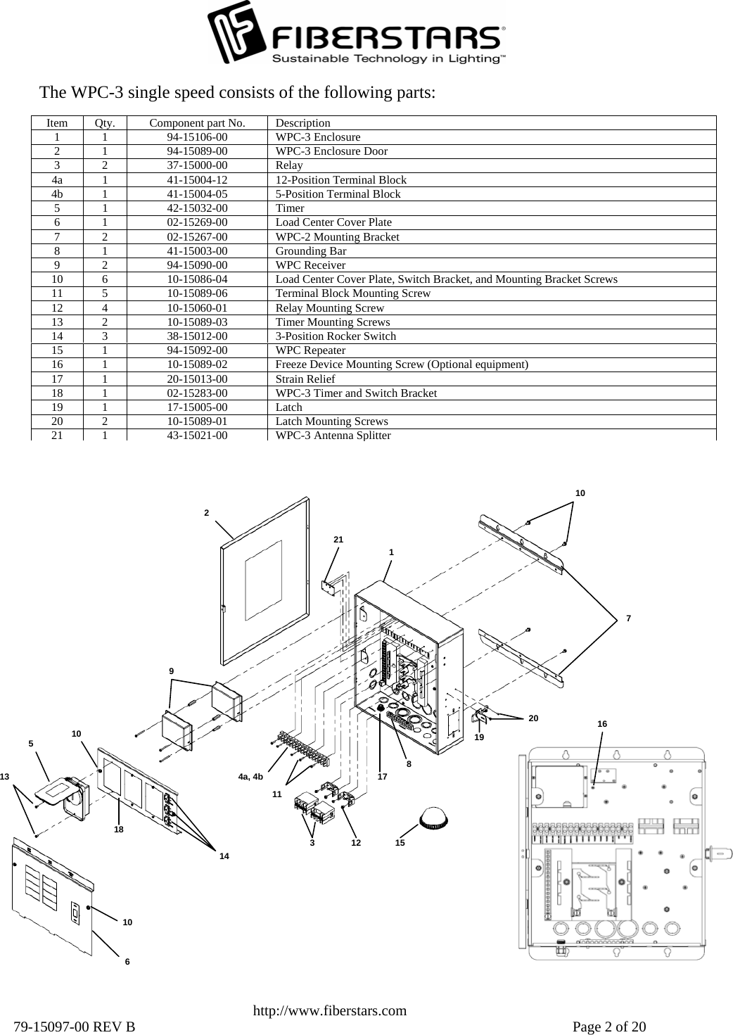                  2 1 3 4a, 4b 9 7 2114 6 8 1518 1910 1110 1213  1720 5 The WPC-3 single speed consists of the following parts:  Item  Qty.  Component part No.  Description 1 1  94-15106-00  WPC-3 Enclosure 2  1  94-15089-00  WPC-3 Enclosure Door 3 2  37-15000-00  Relay 4a  1  41-15004-12  12-Position Terminal Block 4b  1  41-15004-05  5-Position Terminal Block 5 1  42-15032-00  Timer 6  1  02-15269-00  Load Center Cover Plate 7 2  02-15267-00  WPC-2 Mounting Bracket 8 1  41-15003-00  Grounding Bar 9 2  94-15090-00  WPC Receiver 10  6  10-15086-04  Load Center Cover Plate, Switch Bracket, and Mounting Bracket Screws 11  5  10-15089-06  Terminal Block Mounting Screw 12 4  10-15060-01  Relay Mounting Screw 13 2  10-15089-03  Timer Mounting Screws 14  3  38-15012-00  3-Position Rocker Switch 15 1  94-15092-00  WPC Repeater 16 1  10-15089-02  Freeze Device Mounting Screw (Optional equipment) 17 1  20-15013-00  Strain Relief 18  1  02-15283-00  WPC-3 Timer and Switch Bracket 19 1  17-15005-00  Latch 20  2  10-15089-01  Latch Mounting Screws 21 1  43-15021-00  WPC-3 Antenna Splitter10 16  http://www.fiberstars.com 79-15097-00 REV B    Page 2 of 20 