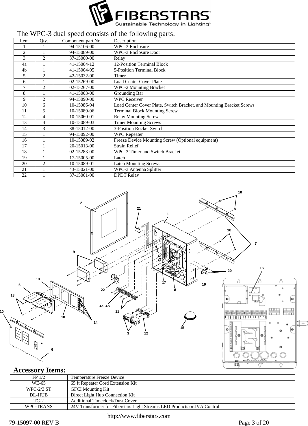   http://www.fiberstars.com 79-15097-00 REV B    Page 3 of 20 2 1 3 9 18 14 6 4a, 4b 7 218 5  1922 1510 10 111213 1720 10 10 Accessory Items: FP 1/2  Temperature Freeze Device WE-65  65 ft Repeater Cord Extension Kit WPC-2/3 ST  GFCI Mounting Kit DL-HUB  Direct Light Hub Connection Kit TC-2  Additional Timeclock/Dust Cover WPC-TRANS  24V Transformer for Fiberstars Light Streams LED Products or JVA Control The WPC-3 dual speed consists of the following parts: Item  Qty.  Component part No.  Description 1 1  94-15106-00  WPC-3 Enclosure 2  1  94-15089-00  WPC-3 Enclosure Door 3 2  37-15000-00  Relay 4a  1  41-15004-12  12-Position Terminal Block 4b  1  41-15004-05  5-Position Terminal Block 5 2  42-15032-00  Timer 6  1  02-15269-00  Load Center Cover Plate 7 2  02-15267-00  WPC-2 Mounting Bracket 8 1  41-15003-00  Grounding Bar 9 2  94-15090-00  WPC Receiver 10  6  10-15086-04  Load Center Cover Plate, Switch Bracket, and Mounting Bracket Screws 11  5  10-15089-06  Terminal Block Mounting Screw 12 4  10-15060-01  Relay Mounting Screw 13 4  10-15089-03  Timer Mounting Screws 14  3  38-15012-00  3-Position Rocker Switch 15 1  94-15092-00  WPC Repeater 16 1  10-15089-02  Freeze Device Mounting Screw (Optional equipment) 17 1  20-15013-00  Strain Relief 18  1  02-15283-00  WPC-3 Timer and Switch Bracket 19 1  17-15005-00  Latch 20  2  10-15089-01  Latch Mounting Screws 21 1  43-15021-00  WPC-3 Antenna Splitter 22 1  37-15001-00  DPDT Relay16