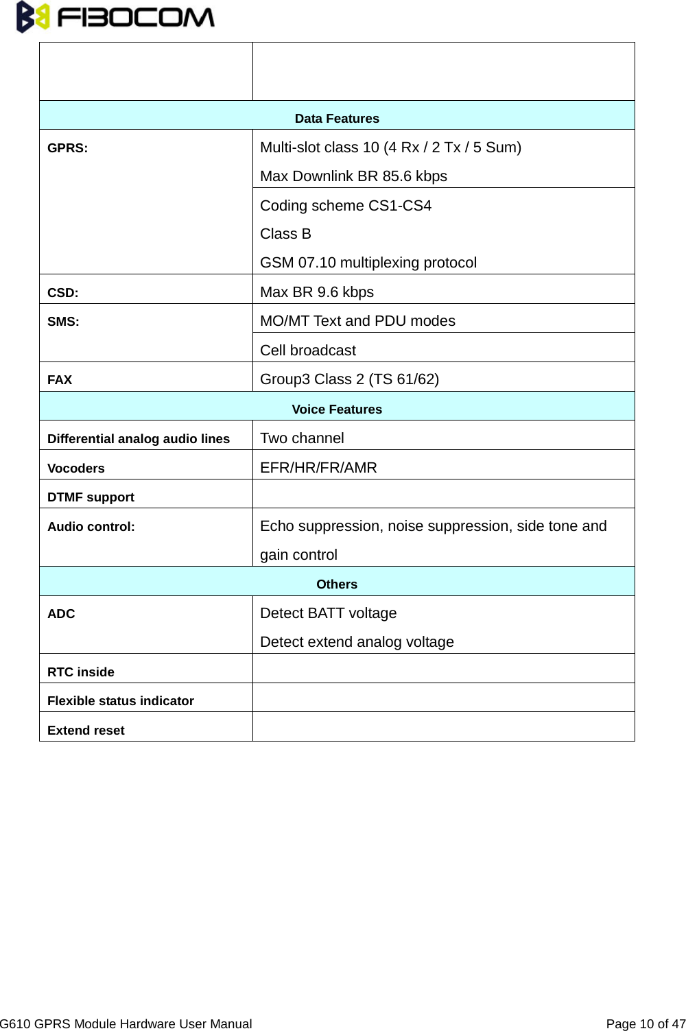                                                                               G610 GPRS Module Hardware User Manual                                                          Page 10 of 47    Data Features GPRS:   Multi-slot class 10 (4 Rx / 2 Tx / 5 Sum)   Max Downlink BR 85.6 kbps Coding scheme CS1-CS4   Class B GSM 07.10 multiplexing protocol   CSD:   Max BR 9.6 kbps   SMS:   MO/MT Text and PDU modes   Cell broadcast   FAX Group3 Class 2 (TS 61/62) Voice Features Differential analog audio lines   Two channel Vocoders   EFR/HR/FR/AMR   DTMF support    Audio control:   Echo suppression, noise suppression, side tone and gain control Others ADC Detect BATT voltage Detect extend analog voltage RTC inside  Flexible status indicator  Extend reset           