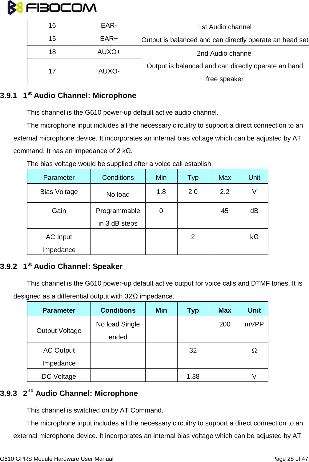                                                                                                          G610 GPRS Module Hardware User Manual                                                          Page 28 of 47  16 EAR-  1st Audio channel Output is balanced and can directly operate an head set 15 EAR+ 18 AUXO+ 2nd Audio channel Output is balanced and can directly operate an hand free speaker 17 AUXO- 3.9.1  1st Audio Channel: Microphone This channel is the G610 power-up default active audio channel.   The microphone input includes all the necessary circuitry to support a direct connection to an external microphone device. It incorporates an internal bias voltage which can be adjusted by AT command. It has an impedance of 2 kΩ.   The bias voltage would be supplied after a voice call establish. Parameter Conditions Min Typ Max Unit Bias Voltage No load   1.8 2.0 2.2  V Gain Programmable in 3 dB steps 0    45 dB AC Input Impedance     2    kΩ 3.9.2  1st Audio Channel: Speaker This channel is the G610 power-up default active output for voice calls and DTMF tones. It is designed as a differential output with 32Ω impedance.   Parameter Conditions Min Typ Max Unit Output Voltage No load Single ended     200 mVPP AC Output Impedance     32    Ω DC Voltage      1.38    V 3.9.3  2nd Audio Channel: Microphone This channel is switched on by AT Command.   The microphone input includes all the necessary circuitry to support a direct connection to an external microphone device. It incorporates an internal bias voltage which can be adjusted by AT 