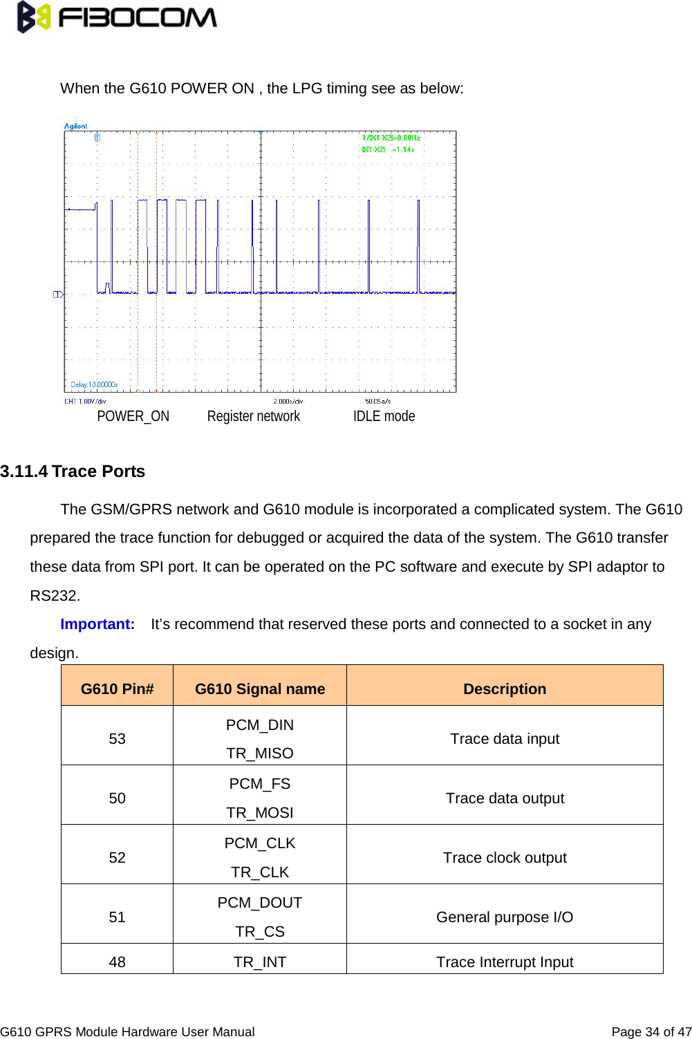                                                                                                          G610 GPRS Module Hardware User Manual                                                          Page 34 of 47   When the G610 POWER ON , the LPG timing see as below:               3.11.4 Trace Ports   The GSM/GPRS network and G610 module is incorporated a complicated system. The G610 prepared the trace function for debugged or acquired the data of the system. The G610 transfer these data from SPI port. It can be operated on the PC software and execute by SPI adaptor to RS232.   Important: It’s recommend that reserved these ports and connected to a socket in any design.   G610 Pin# G610 Signal name Description 53 PCM_DIN TR_MISO Trace data input 50 PCM_FS TR_MOSI Trace data output 52 PCM_CLK TR_CLK Trace clock output 51 PCM_DOUT TR_CS General purpose I/O 48 TR_INT Trace Interrupt Input  POWER_ON     Register network       IDLE mode 