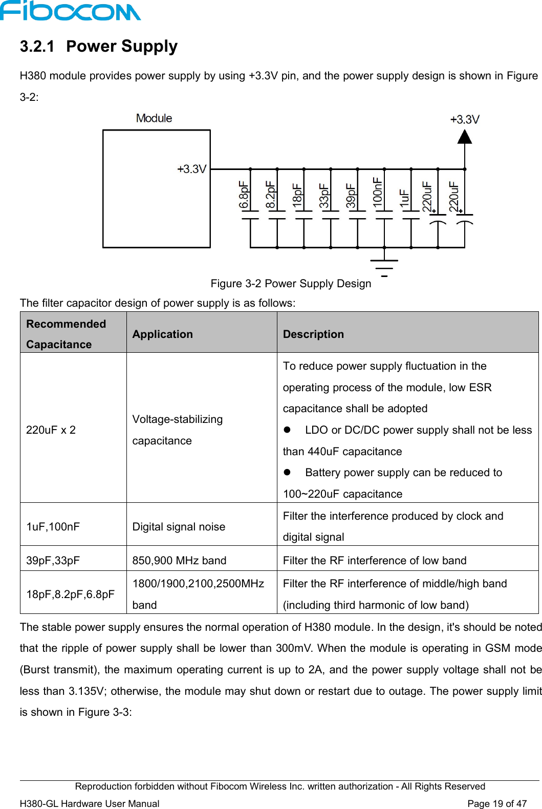 Reproduction forbidden without Fibocom Wireless Inc. written authorization - All Rights ReservedH380-GL Hardware User Manual Page19of473.2.1 Power SupplyH380 module provides power supply by using +3.3V pin, and the power supply design is shown in Figure3-2:Figure 3-2 Power Supply DesignThe filter capacitor design of power supply is as follows:RecommendedCapacitanceApplicationDescription220uF x 2Voltage-stabilizingcapacitanceTo reduce power supply fluctuation in theoperating process of the module, low ESRcapacitance shall be adoptedLDO or DC/DC power supply shall not be lessthan 440uF capacitanceBattery power supply can be reduced to100~220uF capacitance1uF,100nFDigital signal noiseFilter the interference produced by clock anddigital signal39pF,33pF850,900 MHz bandFilter the RF interference of low band18pF,8.2pF,6.8pF1800/1900,2100,2500MHzbandFilter the RF interference of middle/high band(including third harmonic of low band)The stable power supply ensures the normal operation of H380 module. In the design, it&apos;s should be notedthat the ripple of power supply shall be lower than 300mV. When the module is operating in GSM mode(Burst transmit), the maximum operating current is up to 2A, and the power supply voltage shall not beless than 3.135V; otherwise, the module may shut down or restart due to outage. The power supply limitis shown in Figure 3-3: