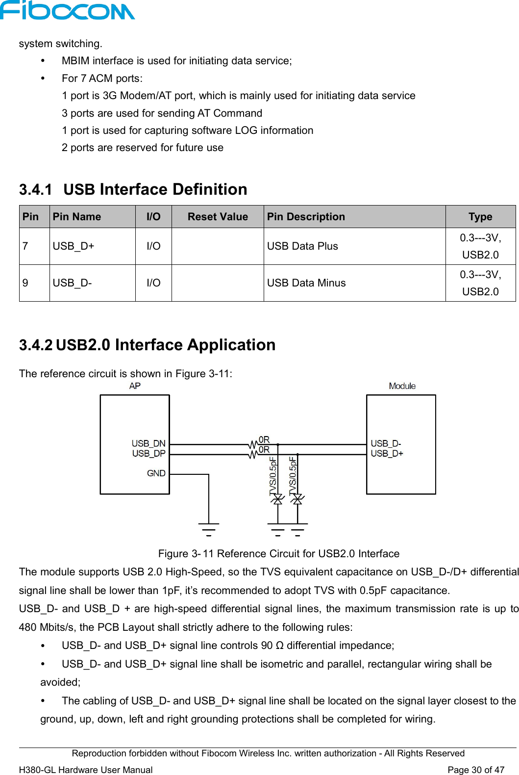 Reproduction forbidden without Fibocom Wireless Inc. written authorization - All Rights ReservedH380-GL Hardware User Manual Page30of47system switching.MBIM interface is used for initiating data service;For 7 ACM ports:1 port is 3G Modem/AT port, which is mainly used for initiating data service3 ports are used for sending AT Command1 port is used for capturing software LOG information2 ports are reserved for future use3.4.1 USB Interface DefinitionPinPin NameI/OReset ValuePin DescriptionType7USB_D+I/OUSB Data Plus0.3---3V,USB2.09USB_D-I/OUSB Data Minus0.3---3V,USB2.03.4.2 USB2.0 Interface ApplicationThe reference circuit is shown in Figure 3-11:Figure 3- 11 Reference Circuit for USB2.0 InterfaceThe module supports USB 2.0 High-Speed, so the TVS equivalent capacitance on USB_D-/D+ differentialsignal line shall be lower than 1pF, it’s recommended to adopt TVS with 0.5pF capacitance.USB_D- and USB_D + are high-speed differential signal lines, the maximum transmission rate is up to480 Mbits/s, the PCB Layout shall strictly adhere to the following rules:USB_D- and USB_D+ signal line controls 90 Ω differential impedance;USB_D- and USB_D+ signal line shall be isometric and parallel, rectangular wiring shall beavoided;The cabling of USB_D- and USB_D+ signal line shall be located on the signal layer closest to theground, up, down, left and right grounding protections shall be completed for wiring.
