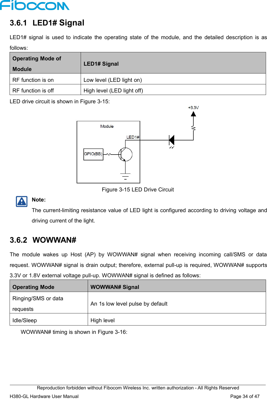 Reproduction forbidden without Fibocom Wireless Inc. written authorization - All Rights ReservedH380-GL Hardware User Manual Page34of473.6.1 LED1# SignalLED1# signal is used to indicate the operating state of the module, and the detailed description is asfollows:Operating Mode ofModuleLED1# SignalRF function is onLow level (LED light on)RF function is offHigh level (LED light off)LED drive circuit is shown in Figure 3-15:Figure 3-15 LED Drive CircuitNote:The current-limiting resistance value of LED light is configured according to driving voltage anddriving current of the light.3.6.2 WOWWAN#The module wakes up Host (AP) by WOWWAN# signal when receiving incoming call/SMS or datarequest. WOWWAN# signal is drain output; therefore, external pull-up is required, WOWWAN# supports3.3V or 1.8V external voltage pull-up. WOWWAN# signal is defined as follows:Operating ModeWOWWAN# SignalRinging/SMS or datarequestsAn 1s low level pulse by defaultIdle/SleepHigh levelWOWWAN# timing is shown in Figure 3-16: