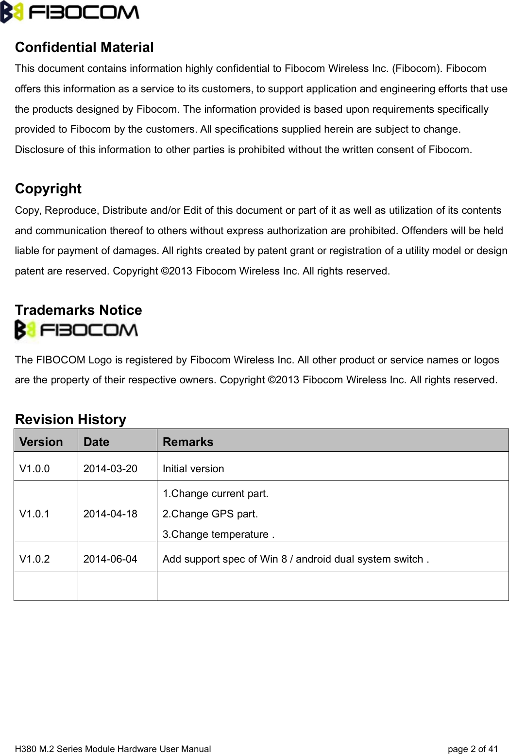 H380 M.2 Series Module Hardware User Manual page 2of 41Confidential MaterialThis document contains information highly confidential to Fibocom Wireless Inc. (Fibocom). Fibocomoffers this information as a service to its customers, to support application and engineering efforts that usethe products designed by Fibocom. The information provided is based upon requirements specificallyprovided to Fibocom by the customers. All specifications supplied herein are subject to change.Disclosure of this information to other parties is prohibited without the written consent of Fibocom.CopyrightCopy, Reproduce, Distribute and/or Edit of this document or part of it as well as utilization of its contentsand communication thereof to others without express authorization are prohibited. Offenders will be heldliable for payment of damages. All rights created by patent grant or registration of a utility model or designpatent are reserved. Copyright ©2013 Fibocom Wireless Inc. All rights reserved.Trademarks NoticeThe FIBOCOM Logo is registered by Fibocom Wireless Inc. All other product or service names or logosare the property of their respective owners. Copyright ©2013 Fibocom Wireless Inc. All rights reserved.Revision HistoryVersion Date RemarksV1.0.0 2014-03-20 Initial versionV1.0.1 2014-04-181.Change current part.2.Change GPS part.3.Change temperature .V1.0.2 2014-06-04 Add support spec of Win 8 / android dual system switch .