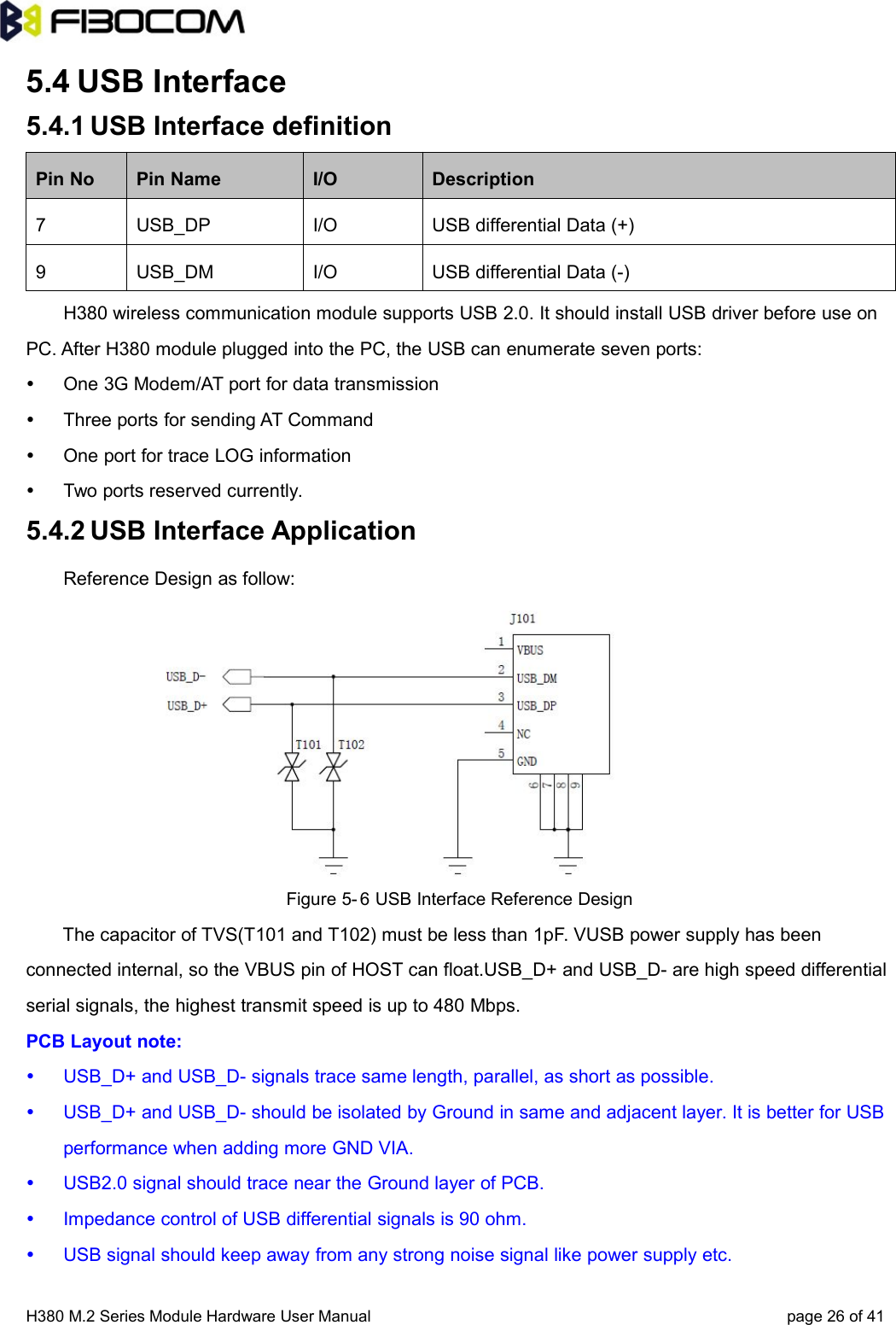 H380 M.2 Series Module Hardware User Manual page 26 of 415.4 USB Interface5.4.1 USB Interface definitionPin No Pin Name I/O Description7 USB_DP I/O USB differential Data (+)9 USB_DM I/O USB differential Data (-)H380 wireless communication module supports USB 2.0. It should install USB driver before use onPC. After H380 module plugged into the PC, the USB can enumerate seven ports:One 3G Modem/AT port for data transmissionThree ports for sending AT CommandOne port for trace LOG informationTwo ports reserved currently.5.4.2 USB Interface ApplicationReference Design as follow:Figure 5- 6 USB Interface Reference DesignThe capacitor of TVS(T101 and T102) must be less than 1pF. VUSB power supply has beenconnected internal, so the VBUS pin of HOST can float.USB_D+ and USB_D- are high speed differentialserial signals, the highest transmit speed is up to 480 Mbps.PCB Layout note:USB_D+ and USB_D- signals trace same length, parallel, as short as possible.USB_D+ and USB_D- should be isolated by Ground in same and adjacent layer. It is better for USBperformance when adding more GND VIA.USB2.0 signal should trace near the Ground layer of PCB.Impedance control of USB differential signals is 90 ohm.USB signal should keep away from any strong noise signal like power supply etc.