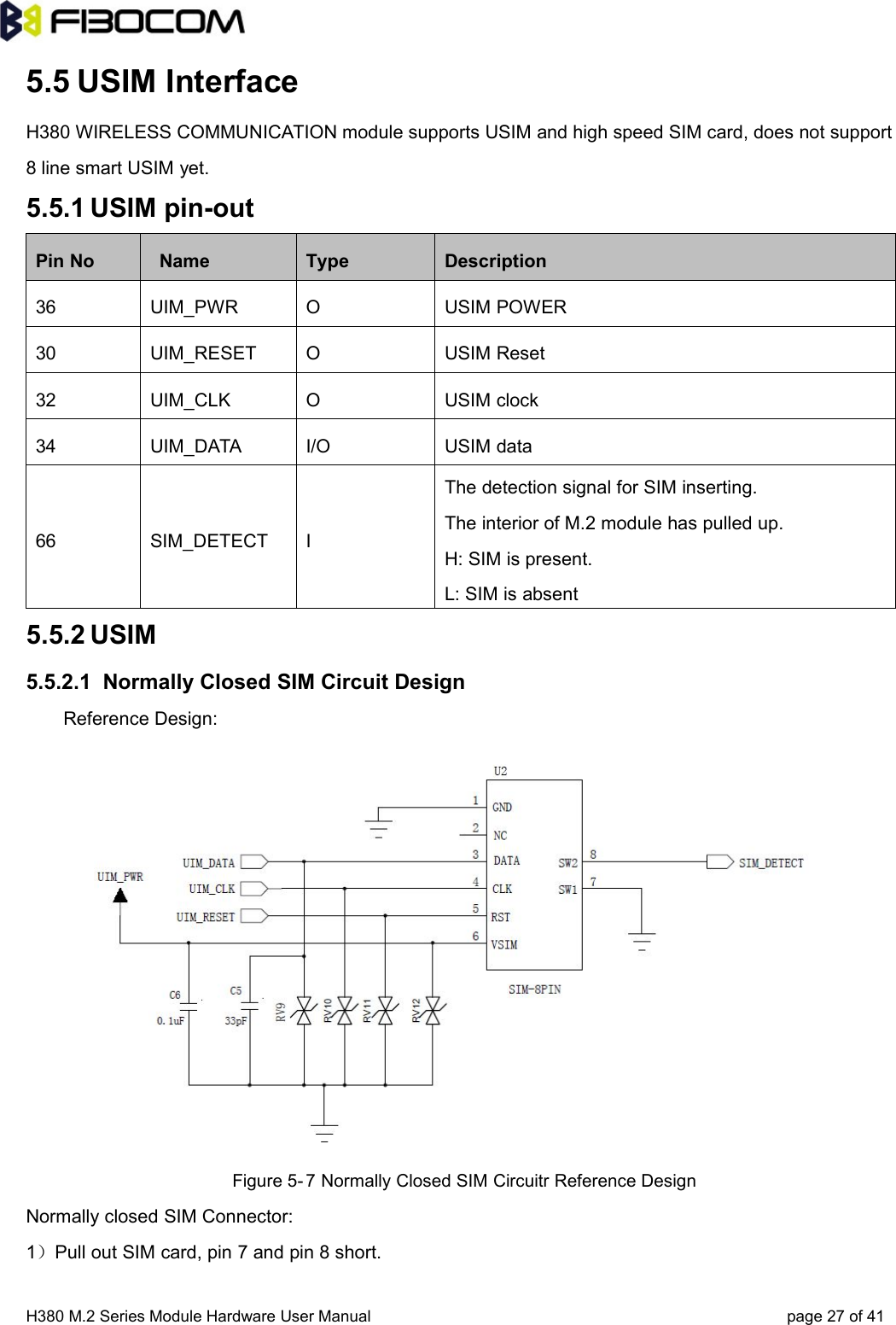 H380 M.2 Series Module Hardware User Manual page 27 of 415.5 USIM InterfaceH380 WIRELESS COMMUNICATION module supports USIM and high speed SIM card, does not support8 line smart USIM yet.5.5.1 USIM pin-outPin No Name Type Description36 UIM_PWR O USIM POWER30 UIM_RESET O USIM Reset32 UIM_CLK O USIM clock34 UIM_DATA I/O USIM data66 SIM_DETECT IThe detection signal for SIM inserting.The interior of M.2 module has pulled up.H: SIM is present.L: SIM is absent5.5.2 USIM5.5.2.1 Normally Closed SIM Circuit DesignReference Design:Figure 5- 7 Normally Closed SIM Circuitr Reference DesignNormally closed SIM Connector:1）Pull out SIM card, pin 7 and pin 8 short.