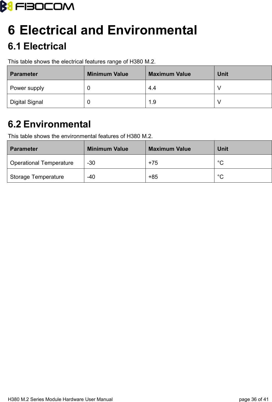 H380 M.2 Series Module Hardware User Manual page 36 of 416 Electrical and Environmental6.1 ElectricalThis table shows the electrical features range of H380 M.2.Parameter Minimum Value Maximum Value UnitPower supply 0 4.4 VDigital Signal 0 1.9 V6.2 EnvironmentalThis table shows the environmental features of H380 M.2.Parameter Minimum Value Maximum Value UnitOperational Temperature -30 +75 °CStorage Temperature -40 +85 °C
