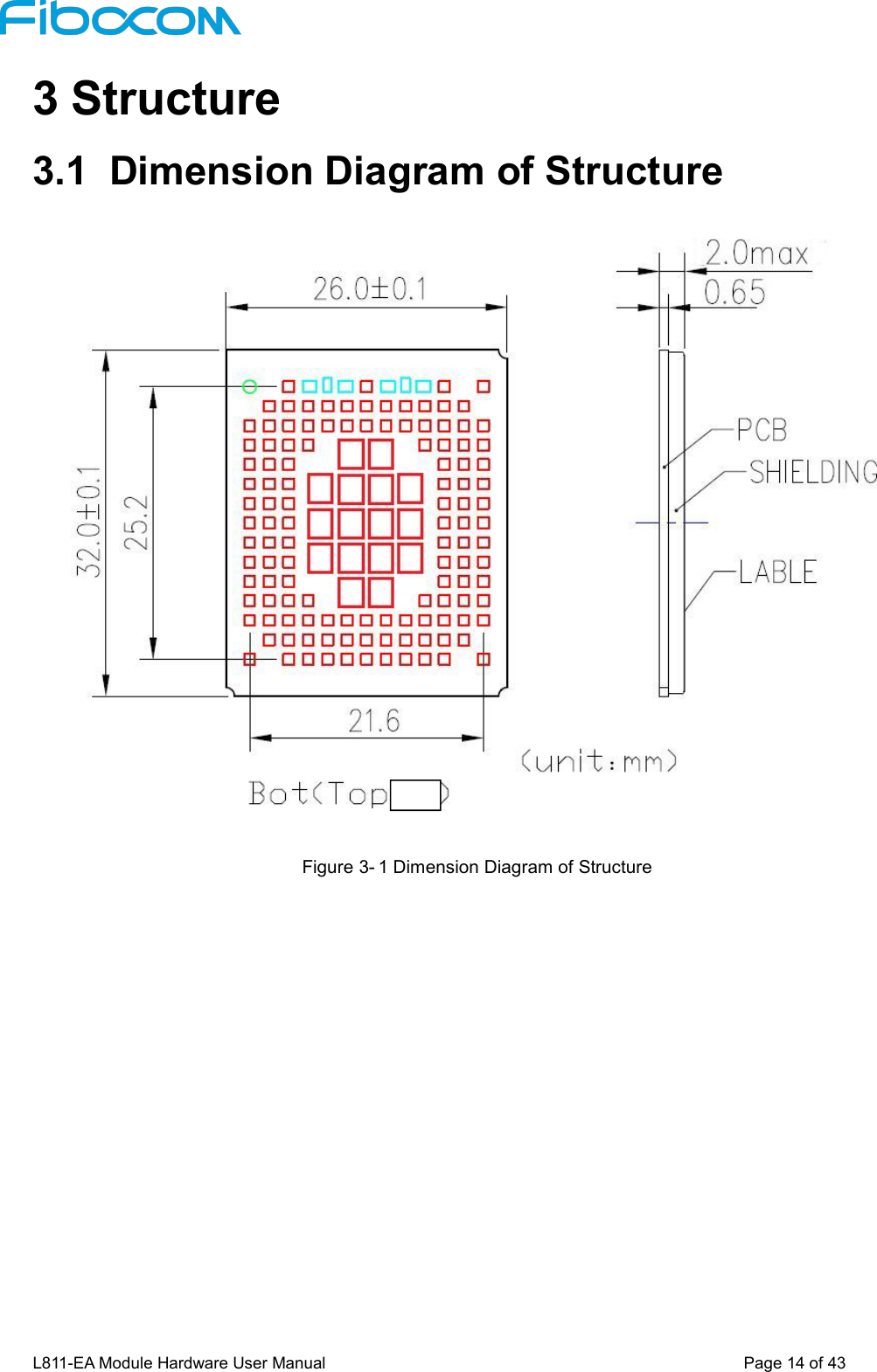 L811-EA Module Hardware User Manual Page14of433 Structure3.1 Dimension Diagram of StructureFigure 3- 1 Dimension Diagram of Structure