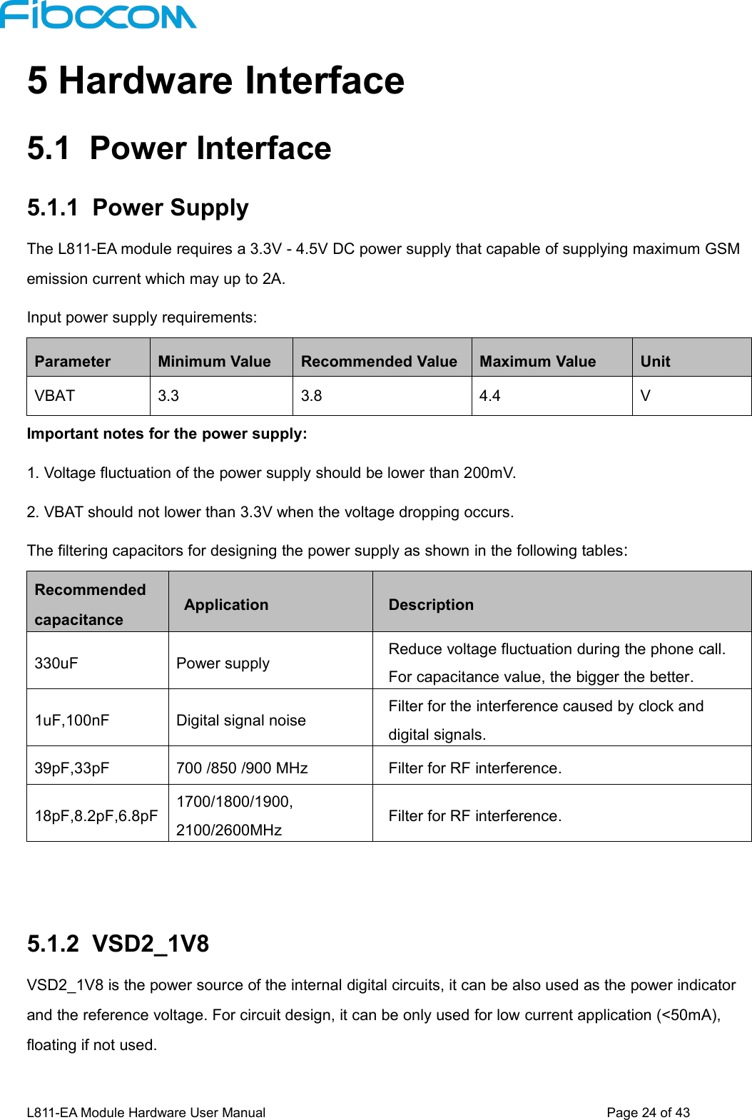 L811-EA Module Hardware User Manual Page24of435 Hardware Interface5.1 Power Interface5.1.1 Power SupplyThe L811-EA module requires a 3.3V - 4.5V DC power supply that capable of supplying maximum GSMemission current which may up to 2A.Input power supply requirements:ParameterMinimum ValueRecommended ValueMaximum ValueUnitVBAT3.33.84.4VImportant notes for the power supply:1. Voltage fluctuation of the power supply should be lower than 200mV.2. VBAT should not lower than 3.3V when the voltage dropping occurs.The filtering capacitors for designing the power supply as shown in the following tables:RecommendedcapacitanceApplicationDescription330uFPower supplyReduce voltage fluctuation during the phone call.For capacitance value, the bigger the better.1uF,100nFDigital signal noiseFilter for the interference caused by clock anddigital signals.39pF,33pF700 /850 /900 MHzFilter for RF interference.18pF,8.2pF,6.8pF1700/1800/1900,2100/2600MHzFilter for RF interference.5.1.2 VSD2_1V8VSD2_1V8 is the power source of the internal digital circuits, it can be also used as the power indicatorand the reference voltage. For circuit design, it can be only used for low current application (&lt;50mA),floating if not used.