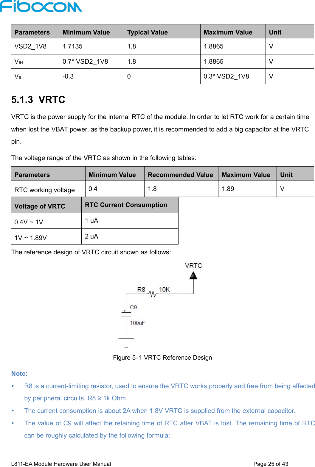 L811-EA Module Hardware User Manual Page25of43ParametersMinimum ValueTypical ValueMaximum ValueUnitVSD2_1V81.71351.81.8865VVIH0.7* VSD2_1V81.81.8865VVIL-0.300.3* VSD2_1V8V5.1.3 VRTCVRTC is the power supply for the internal RTC of the module. In order to let RTC work for a certain timewhen lost the VBAT power, as the backup power, it is recommended to add a big capacitor at the VRTCpin.The voltage range of the VRTC as shown in the following tables:ParametersMinimum ValueRecommended ValueMaximum ValueUnitRTC working voltage0.41.81.89VVoltage of VRTCRTC Current Consumption0.4V ~ 1V1 uA1V ~ 1.89V2 uAThe reference design of VRTC circuit shown as follows:Figure 5- 1 VRTC Reference DesignNote:R8 is a current-limiting resistor, used to ensure the VRTC works properly and free from being affectedby peripheral circuits. R8 ≥ 1k Ohm.The current consumption is about 2A when 1.8V VRTC is supplied from the external capacitor.The value of C9 will affect the retaining time of RTC after VBAT is lost. The remaining time of RTCcan be roughly calculated by the following formula: