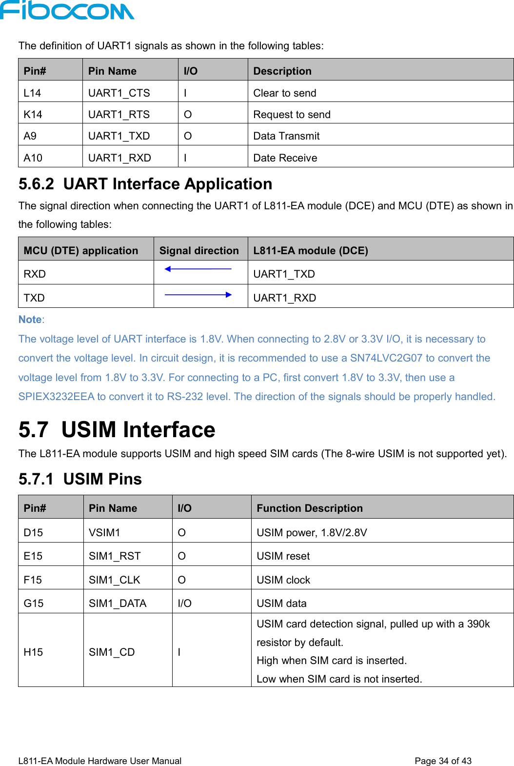 L811-EA Module Hardware User Manual Page34of43The definition of UART1 signals as shown in the following tables:Pin#Pin NameI/ODescriptionL14UART1_CTSIClear to sendK14UART1_RTSORequest to sendA9UART1_TXDOData TransmitA10UART1_RXDIDate Receive5.6.2 UART Interface ApplicationThe signal direction when connecting the UART1 of L811-EA module (DCE) and MCU (DTE) as shown inthe following tables:MCU (DTE) applicationSignal directionL811-EA module (DCE)RXDUART1_TXDTXDUART1_RXDNote:The voltage level of UART interface is 1.8V. When connecting to 2.8V or 3.3V I/O, it is necessary toconvert the voltage level. In circuit design, it is recommended to use a SN74LVC2G07 to convert thevoltage level from 1.8V to 3.3V. For connecting to a PC, first convert 1.8V to 3.3V, then use aSPIEX3232EEA to convert it to RS-232 level. The direction of the signals should be properly handled.5.7 USIM InterfaceThe L811-EA module supports USIM and high speed SIM cards (The 8-wire USIM is not supported yet).5.7.1 USIM PinsPin#Pin NameI/OFunction DescriptionD15VSIM1OUSIM power, 1.8V/2.8VE15SIM1_RSTOUSIM resetF15SIM1_CLKOUSIM clockG15SIM1_DATAI/OUSIM dataH15SIM1_CDIUSIM card detection signal, pulled up with a 390kresistor by default.High when SIM card is inserted.Low when SIM card is not inserted.