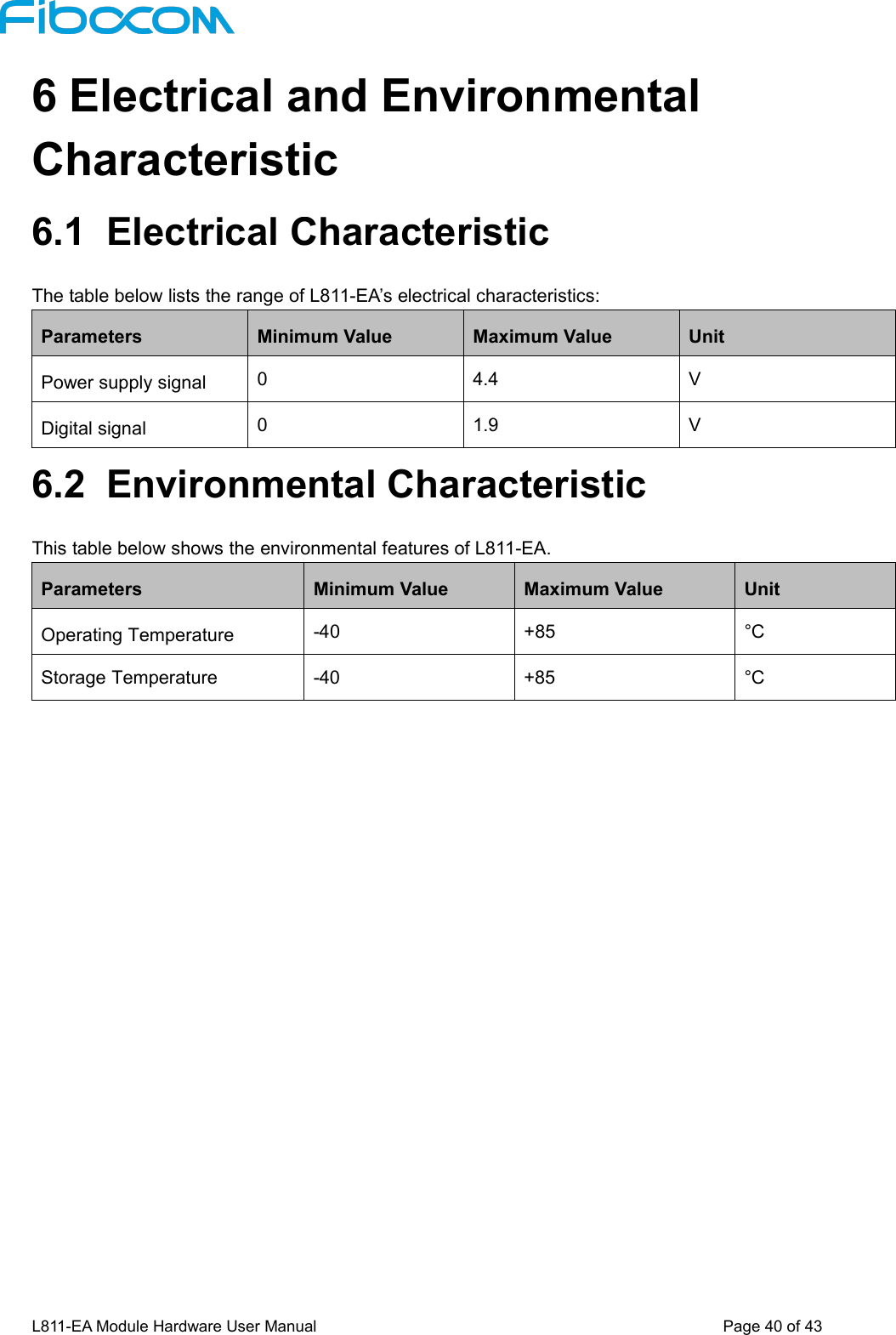 L811-EA Module Hardware User Manual Page40of436 Electrical and EnvironmentalCharacteristic6.1 Electrical CharacteristicThe table below lists the range of L811-EA’s electrical characteristics:ParametersMinimum ValueMaximum ValueUnitPower supply signal04.4VDigital signal01.9V6.2 Environmental CharacteristicThis table below shows the environmental features of L811-EA.ParametersMinimum ValueMaximum ValueUnitOperating Temperature-40+85°CStorage Temperature-40+85°C