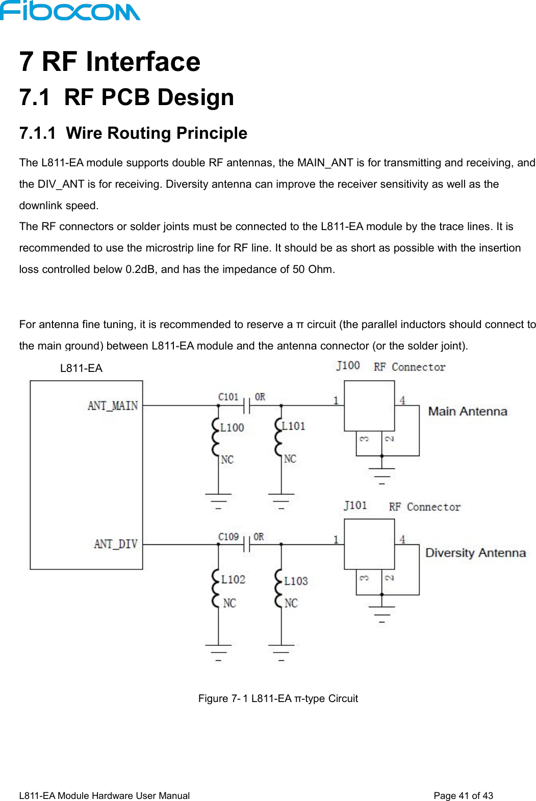 L811-EA Module Hardware User Manual Page41of437 RF Interface7.1 RF PCB Design7.1.1 Wire Routing PrincipleThe L811-EA module supports double RF antennas, the MAIN_ANT is for transmitting and receiving, andthe DIV_ANT is for receiving. Diversity antenna can improve the receiver sensitivity as well as thedownlink speed.The RF connectors or solder joints must be connected to the L811-EA module by the trace lines. It isrecommended to use the microstrip line for RF line. It should be as short as possible with the insertionloss controlled below 0.2dB, and has the impedance of 50 Ohm.For antenna fine tuning, it is recommended to reserve a π circuit (the parallel inductors should connect tothe main ground) between L811-EA module and the antenna connector (or the solder joint).Figure 7- 1 L811-EA π-type CircuitL811-EA