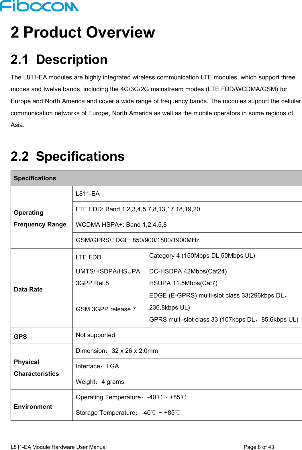 L811-EA Module Hardware User Manual Page8of432 Product Overview2.1 DescriptionThe L811-EA modules are highly integrated wireless communication LTE modules, which support threemodes and twelve bands, including the 4G/3G/2G mainstream modes (LTE FDD/WCDMA/GSM) forEurope and North America and cover a wide range of frequency bands. The modules support the cellularcommunication networks of Europe, North America as well as the mobile operators in some regions ofAsia.2.2 SpecificationsSpecificationsOperatingFrequency RangeL811-EALTE FDD: Band 1,2,3,4,5,7,8,13,17,18,19,20WCDMA HSPA+: Band 1,2,4,5,8GSM/GPRS/EDGE: 850/900/1800/1900MHzData RateLTE FDDCategory 4 (150Mbps DL,50Mbps UL)UMTS/HSDPA/HSUPA3GPP Rel.8DC-HSDPA 42Mbps(Cat24)HSUPA 11.5Mbps(Cat7)GSM 3GPP release 7EDGE (E-GPRS) multi-slot class 33(296kbps DL，236.8kbps UL)GPRS multi-slot class 33 (107kbps DL，85.6kbps UL)GPSNot supported.PhysicalCharacteristicsDimension：32 x 26 x 2.0mmInterface：LGAWeight：4 gramsEnvironmentOperating Temperature：-40℃~ +85℃Storage Temperature：-40℃~ +85℃