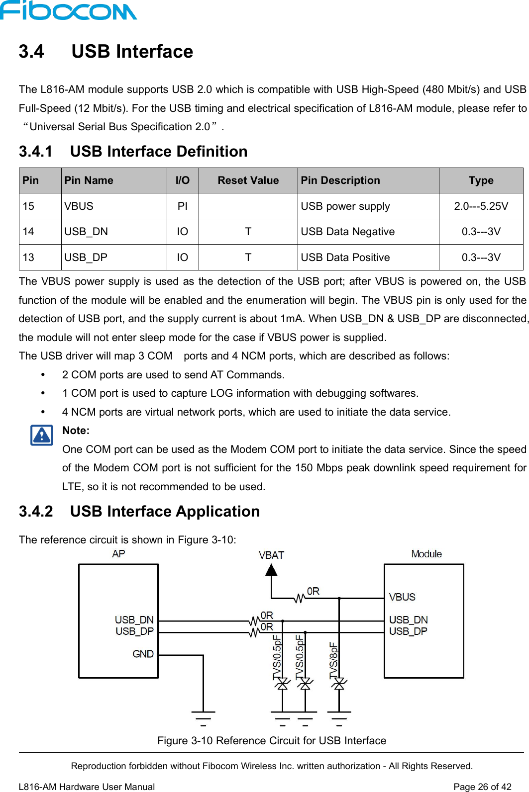 Reproduction forbidden without Fibocom Wireless Inc. written authorization - All Rights Reserved.L816-AM Hardware User Manual Page26of423.4 USB InterfaceThe L816-AM module supports USB 2.0 which is compatible with USB High-Speed (480 Mbit/s) and USBFull-Speed (12 Mbit/s). For the USB timing and electrical specification of L816-AM module, please refer to“Universal Serial Bus Specification 2.0”.3.4.1 USB Interface DefinitionPinPin NameI/OReset ValuePin DescriptionType15VBUSPIUSB power supply2.0---5.25V14USB_DNIOTUSB Data Negative0.3---3V13USB_DPIOTUSB Data Positive0.3---3VThe VBUS power supply is used as the detection of the USB port; after VBUS is powered on, the USBfunction of the module will be enabled and the enumeration will begin. The VBUS pin is only used for thedetection of USB port, and the supply current is about 1mA. When USB_DN &amp; USB_DP are disconnected,the module will not enter sleep mode for the case if VBUS power is supplied.The USB driver will map 3 COM ports and 4 NCM ports, which are described as follows:2 COM ports are used to send AT Commands.1 COM port is used to capture LOG information with debugging softwares.4 NCM ports are virtual network ports, which are used to initiate the data service.Note:One COM port can be used as the Modem COM port to initiate the data service. Since the speedof the Modem COM port is not sufficient for the 150 Mbps peak downlink speed requirement forLTE, so it is not recommended to be used.3.4.2 USB Interface ApplicationThe reference circuit is shown in Figure 3-10:Figure 3-10 Reference Circuit for USB Interface
