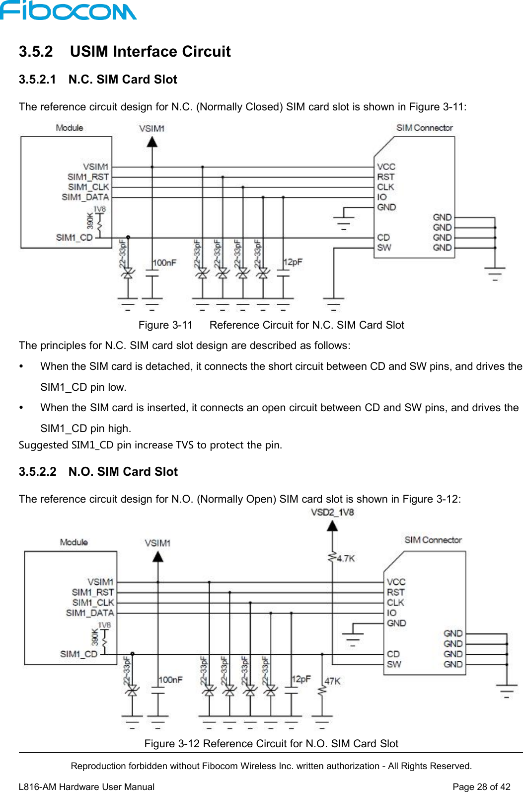 Reproduction forbidden without Fibocom Wireless Inc. written authorization - All Rights Reserved.L816-AM Hardware User Manual Page28of423.5.2 USIM Interface Circuit3.5.2.1 N.C. SIM Card SlotThe reference circuit design for N.C. (Normally Closed) SIM card slot is shown in Figure 3-11:Figure 3-11 Reference Circuit for N.C. SIM Card SlotThe principles for N.C. SIM card slot design are described as follows:When the SIM card is detached, it connects the short circuit between CD and SW pins, and drives theSIM1_CD pin low.When the SIM card is inserted, it connects an open circuit between CD and SW pins, and drives theSIM1_CD pin high.Suggested SIM1_CD pin increase TVS to protect the pin.3.5.2.2 N.O. SIM Card SlotThe reference circuit design for N.O. (Normally Open) SIM card slot is shown in Figure 3-12:Figure 3-12 Reference Circuit for N.O. SIM Card Slot