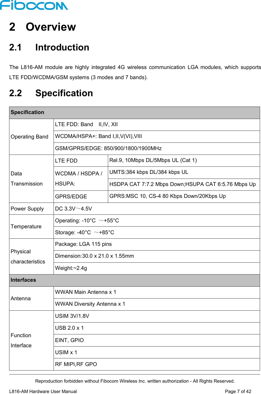 Reproduction forbidden without Fibocom Wireless Inc. written authorization - All Rights Reserved.L816-AM Hardware User Manual Page7of422 Overview2.1 IntroductionThe L816-AM module are highly integrated 4G wireless communication LGA modules, which supportsLTE FDD/WCDMA/GSM systems (3 modes and 7 bands).2.2 SpecificationSpecificationOperating BandLTE FDD: Band II,IV, XIIWCDMA/HSPA+: Band I,II,V(VI),VIIIGSM/GPRS/EDGE: 850/900/1800/1900MHzDataTransmissionLTE FDDRel.9, 10Mbps DL/5Mbps UL (Cat 1)WCDMA / HSDPA /HSUPA:UMTS:384 kbps DL/384 kbps ULHSDPA CAT 7:7.2 Mbps Down;HSUPA CAT 6:5.76 Mbps UpGPRS/EDGEGPRS:MSC 10, CS-4 80 Kbps Down/20Kbps UpPower SupplyDC 3.3V～4.5VTemperatureOperating: -10°C ～+55°CStorage: -40°C ～+85°CPhysicalcharacteristicsPackage: LGA 115 pinsDimension:30.0 x 21.0 x 1.55mmWeight:~2.4gInterfacesAntennaWWAN Main Antenna x 1WWAN Diversity Antenna x 1FunctionInterfaceUSIM 3V/1.8VUSB 2.0 x 1EINT, GPIOUSIM x 1RF MIPI,RF GPO