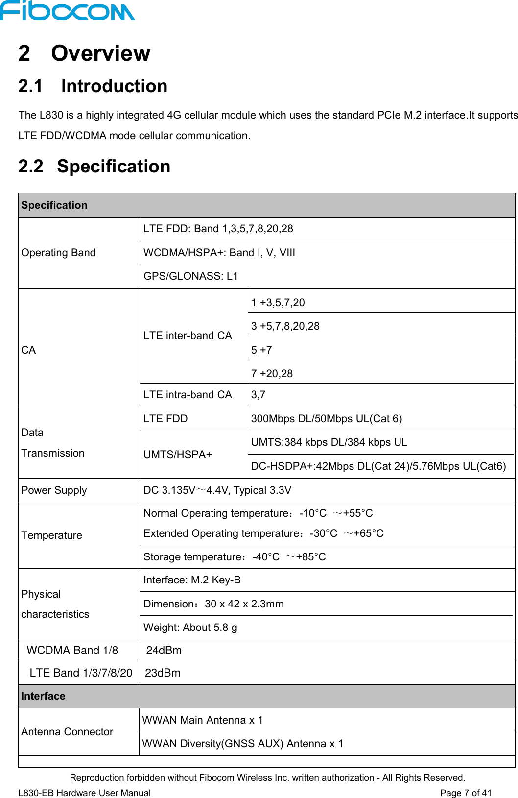 Reproduction forbidden without Fibocom Wireless Inc. written authorization - All Rights Reserved.L830-EB Hardware User Manual Page 7 of 412 Overview2.1 IntroductionThe L830 is a highly integrated 4G cellular module which uses the standard PCIe M.2 interface.It supportsLTE FDD/WCDMA mode cellular communication.2.2 SpecificationSpecificationOperating BandLTE FDD: Band 1,3,5,7,8,20,28WCDMA/HSPA+: Band I, V, VIIIGPS/GLONASS: L1CALTE inter-band CA1 +3,5,7,203 +5,7,8,20,285 +77 +20,28LTE intra-band CA 3,7DataTransmissionLTE FDD 300Mbps DL/50Mbps UL(Cat 6)UMTS/HSPA+UMTS:384 kbps DL/384 kbps ULDC-HSDPA+:42Mbps DL(Cat 24)/5.76Mbps UL(Cat6)Power Supply DC 3.135V～4.4V, Typical 3.3VTemperatureNormal Operating temperature：-10°C ～+55°CExtended Operating temperature：-30°C ～+65°CStorage temperature：-40°C ～+85°CPhysicalcharacteristicsInterface: M.2 Key-BDimension：30 x 42 x 2.3mmWeight: About 5.8 gInterfaceAntenna ConnectorWWAN Main Antenna x 1WWAN Diversity(GNSS AUX) Antenna x 1WCDMA Band 1/8         24dBmLTE Band 1/3/7/8/20    23dBm