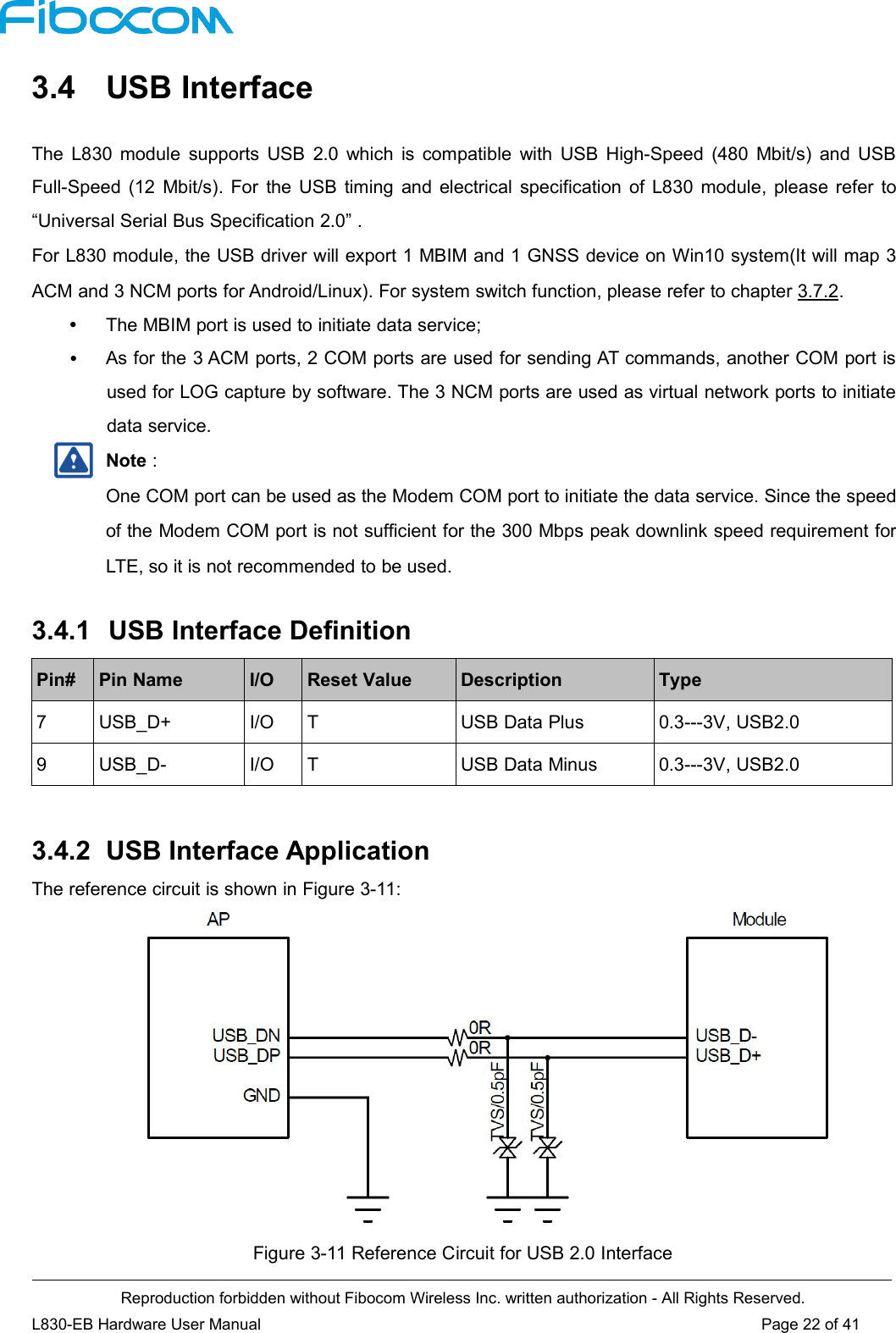 Reproduction forbidden without Fibocom Wireless Inc. written authorization - All Rights Reserved.L830-EB Hardware User Manual Page 22 of 413.4 USB InterfaceThe L830 module supports USB 2.0 which is compatible with USB High-Speed (480 Mbit/s) and USBFull-Speed (12 Mbit/s). For the USB timing and electrical specification of L830 module, please refer to“Universal Serial Bus Specification 2.0” .For L830 module, the USB driver will export 1 MBIM and 1 GNSS device on Win10 system(It will map 3ACM and 3 NCM ports for Android/Linux). For system switch function, please refer to chapter 3.7.2.The MBIM port is used to initiate data service;As for the 3 ACM ports, 2 COM ports are used for sending AT commands, another COM port isused for LOG capture by software. The 3 NCM ports are used as virtual network ports to initiatedata service.Note :One COM port can be used as the Modem COM port to initiate the data service. Since the speedof the Modem COM port is not sufficient for the 300 Mbps peak downlink speed requirement forLTE, so it is not recommended to be used.3.4.1 USB Interface DefinitionPin#Pin NameI/OReset ValueDescriptionType7USB_D+I/OTUSB Data Plus0.3---3V, USB2.09USB_D-I/OTUSB Data Minus0.3---3V, USB2.03.4.2 USB Interface ApplicationThe reference circuit is shown in Figure 3-11:Figure 3-11 Reference Circuit for USB 2.0 Interface