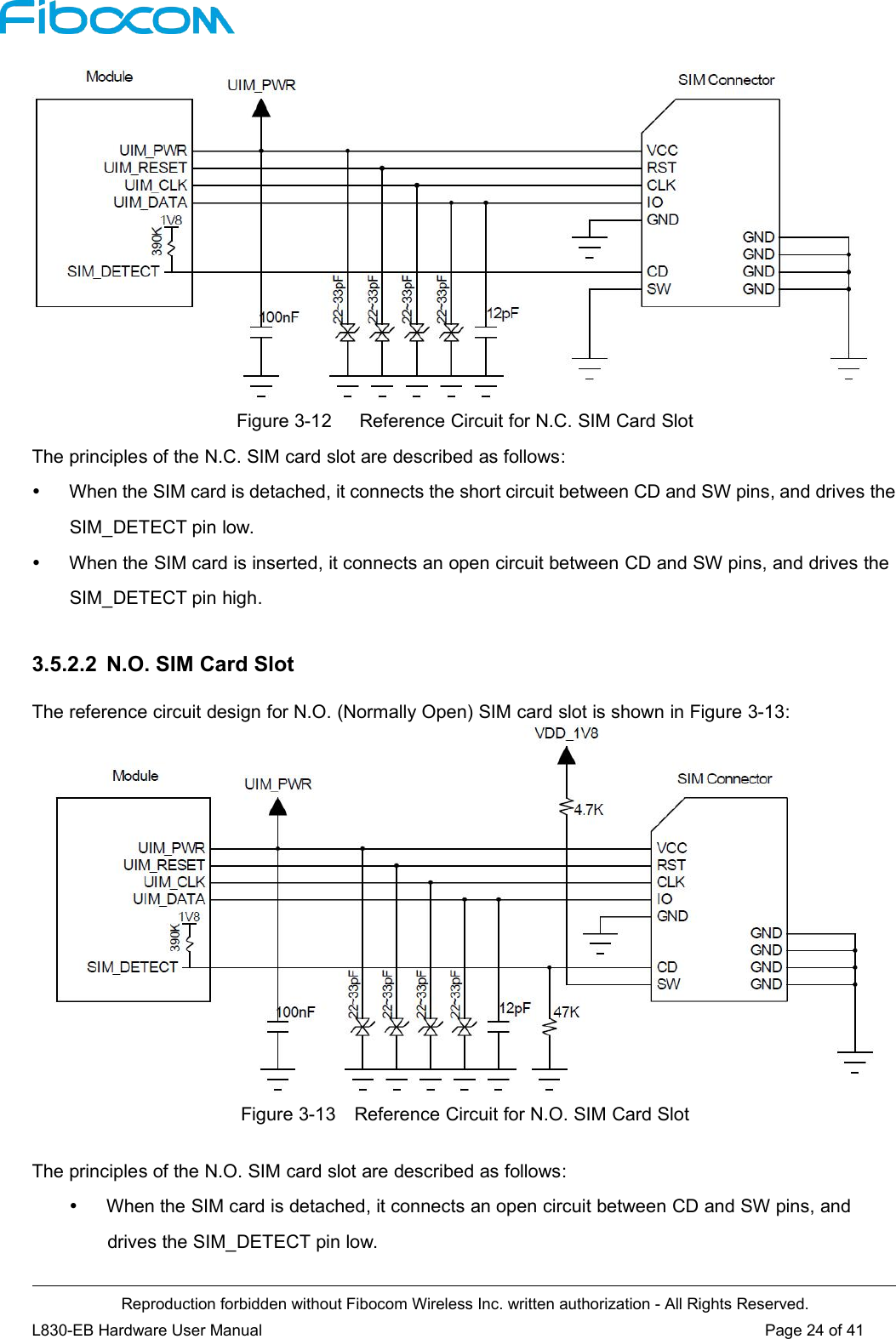 Reproduction forbidden without Fibocom Wireless Inc. written authorization - All Rights Reserved.L830-EB Hardware User Manual Page 24 of 41Figure 3-12 Reference Circuit for N.C. SIM Card SlotThe principles of the N.C. SIM card slot are described as follows:When the SIM card is detached, it connects the short circuit between CD and SW pins, and drives theSIM_DETECT pin low.When the SIM card is inserted, it connects an open circuit between CD and SW pins, and drives theSIM_DETECT pin high.3.5.2.2 N.O. SIM Card SlotThe reference circuit design for N.O. (Normally Open) SIM card slot is shown in Figure 3-13:Figure 3-13 Reference Circuit for N.O. SIM Card SlotThe principles of the N.O. SIM card slot are described as follows:When the SIM card is detached, it connects an open circuit between CD and SW pins, anddrives the SIM_DETECT pin low.