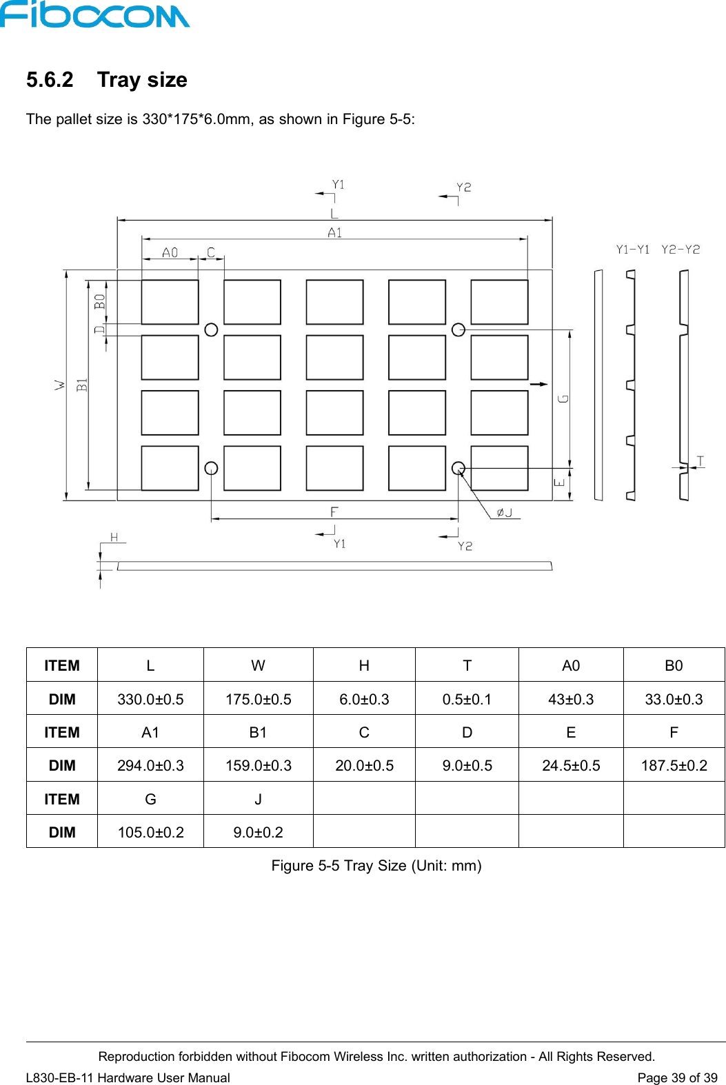 Reproduction forbidden without Fibocom Wireless Inc. written authorization - All Rights Reserved.L830-EB-11 Hardware User Manual Page 39 of 395.6.2 Tray sizeThe pallet size is 330*175*6.0mm, as shown in Figure 5-5:ITEMLWHTA0B0DIM330.0±0.5175.0±0.56.0±0.30.5±0.143±0.333.0±0.3ITEMA1B1CDEFDIM294.0±0.3159.0±0.320.0±0.59.0±0.524.5±0.5187.5±0.2ITEMGJDIM105.0±0.29.0±0.2Figure 5-5 Tray Size (Unit: mm)