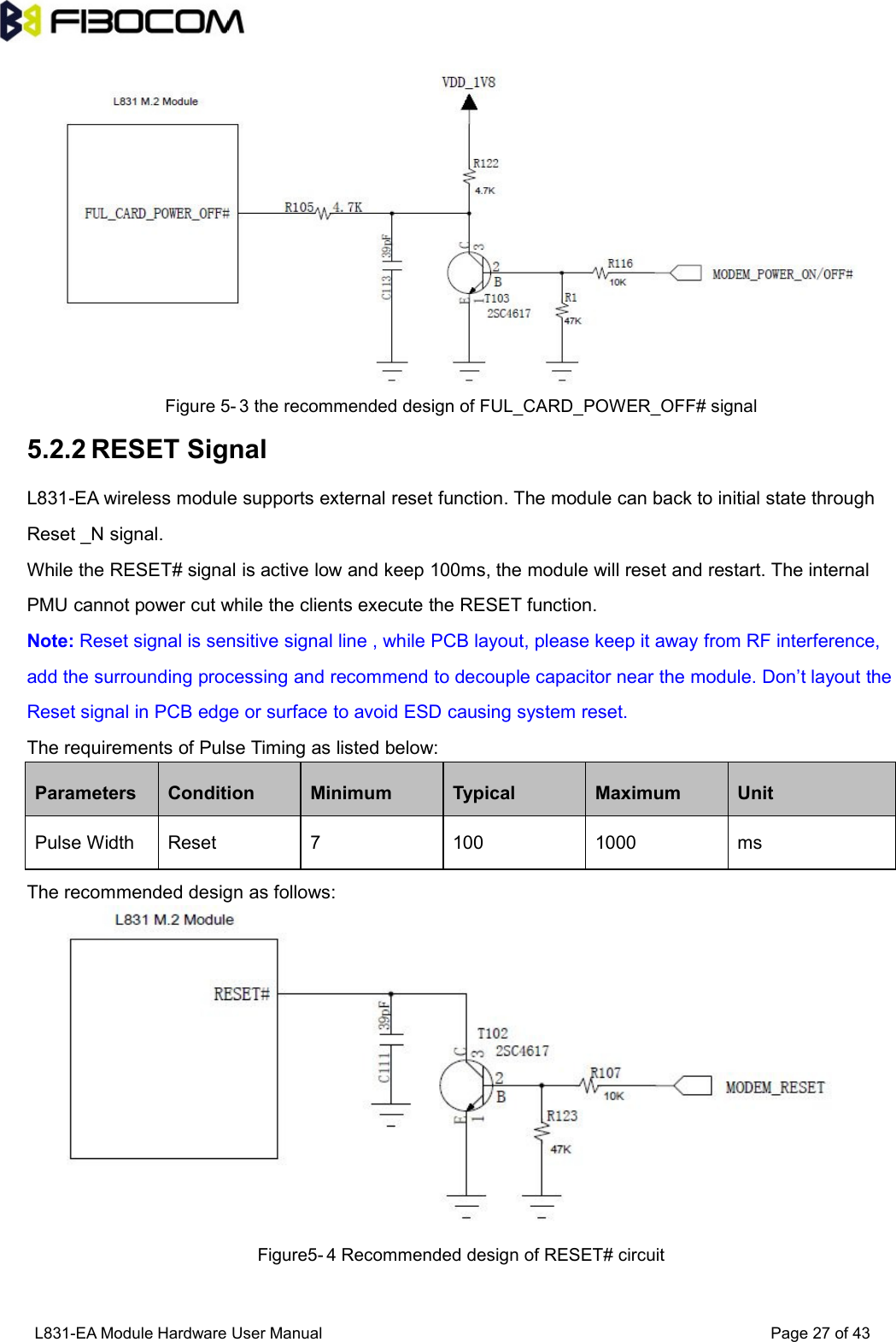 L831-EA Module Hardware User Manual Page27of43Figure 5- 3 the recommended design of FUL_CARD_POWER_OFF# signal5.2.2 RESET SignalL831-EA wireless module supports external reset function. The module can back to initial state throughReset _N signal.While the RESET# signal is active low and keep 100ms, the module will reset and restart. The internalPMU cannot power cut while the clients execute the RESET function.Note: Reset signal is sensitive signal line , while PCB layout, please keep it away from RF interference,add the surrounding processing and recommend to decouple capacitor near the module. Don’t layout theReset signal in PCB edge or surface to avoid ESD causing system reset.The requirements of Pulse Timing as listed below:ParametersConditionMinimumTypicalMaximumUnitPulse WidthReset71001000msThe recommended design as follows:Figure5- 4 Recommended design of RESET# circuit