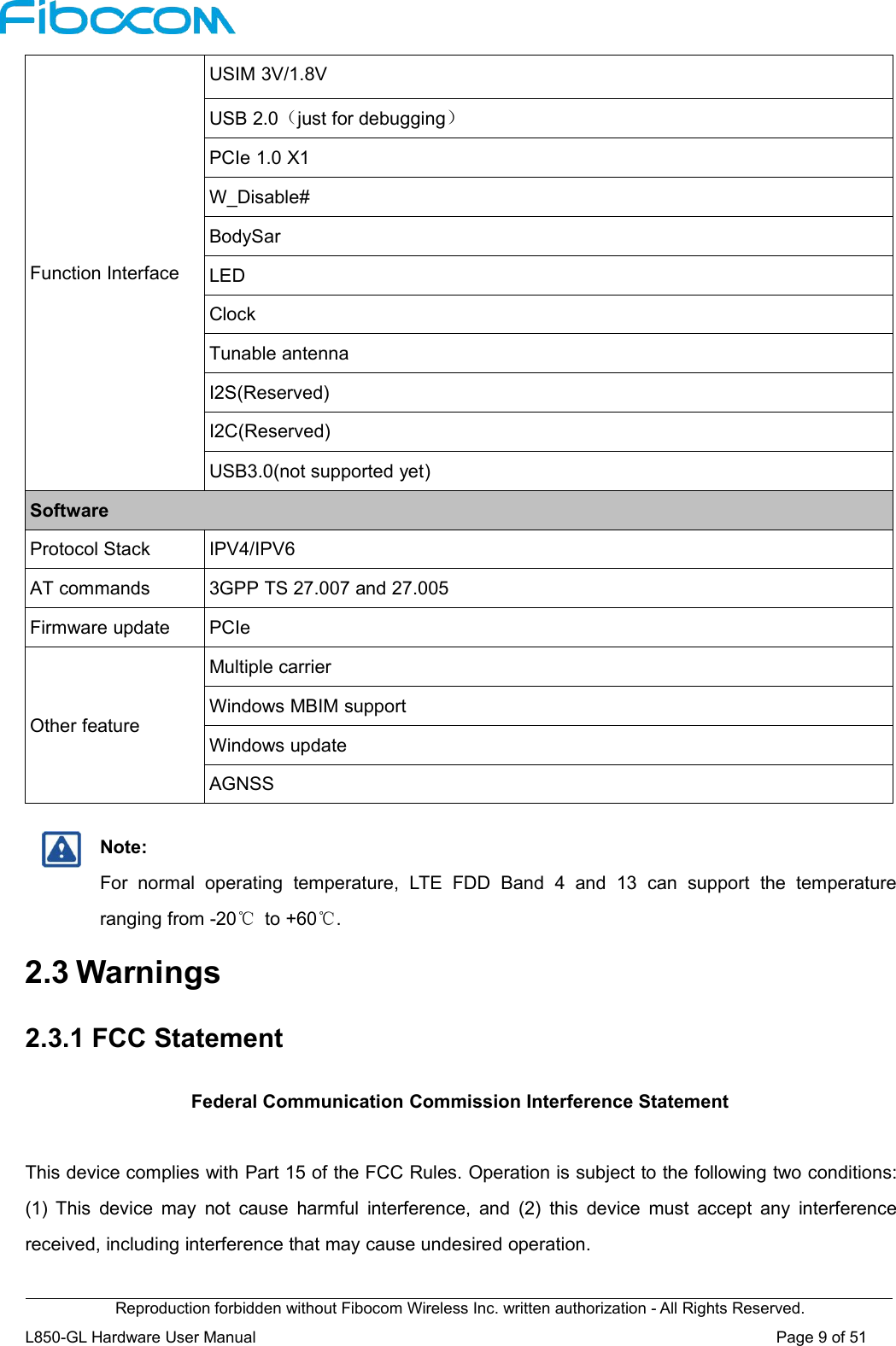 Reproduction forbidden without Fibocom Wireless Inc. written authorization - All Rights Reserved.L850-GL Hardware User Manual Page9of51Function InterfaceUSIM 3V/1.8VUSB 2.0（just for debugging）PCIe 1.0 X1W_Disable#BodySarLEDClockTunable antennaI2S(Reserved)I2C(Reserved)USB3.0(not supported yet)SoftwareProtocol StackIPV4/IPV6AT commands3GPP TS 27.007 and 27.005Firmware updatePCIeOther featureMultiple carrierWindows MBIM supportWindows updateAGNSSNote:For normal operating temperature, LTE FDD Band 4 and 13 can support the temperatureranging from -20℃to +60℃.2.3 Warnings2.3.1 FCC StatementFederal Communication Commission Interference StatementThis device complies with Part 15 of the FCC Rules. Operation is subject to the following two conditions:(1) This device may not cause harmful interference, and (2) this device must accept any interferencereceived, including interference that may cause undesired operation.