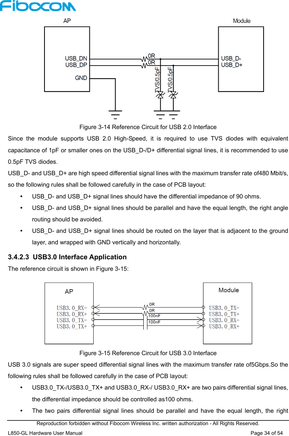  Reproduction forbidden without Fibocom Wireless Inc. written authorization - All Rights Reserved. L850-GL Hardware User Manual                                                                 Page 34 of 54  Figure 3-14 Reference Circuit for USB 2.0 Interface Since  the  module  supports  USB  2.0  High-Speed,  it  is  required  to  use  TVS  diodes  with  equivalent capacitance of 1pF or smaller ones on the USB_D-/D+ differential signal lines, it is recommended to use 0.5pF TVS diodes.   USB_D- and USB_D+ are high speed differential signal lines with the maximum transfer rate of480 Mbit/s, so the following rules shall be followed carefully in the case of PCB layout:     USB_D- and USB_D+ signal lines should have the differential impedance of 90 ohms.   USB_D- and USB_D+ signal lines should be parallel and have the equal length, the right angle routing should be avoided.   USB_D- and USB_D+ signal lines should be routed on the layer that is adjacent to the ground layer, and wrapped with GND vertically and horizontally. 3.4.2.3  USB3.0 Interface Application The reference circuit is shown in Figure 3-15:     Figure 3-15 Reference Circuit for USB 3.0 Interface   USB 3.0 signals are super speed differential signal lines with the maximum transfer rate of5Gbps.So the following rules shall be followed carefully in the case of PCB layout:     USB3.0_TX-/USB3.0_TX+ and USB3.0_RX-/ USB3.0_RX+ are two pairs differential signal lines, the differential impedance should be controlled as100 ohms.   The  two  pairs  differential signal  lines  should be  parallel  and  have the  equal length, the  right 