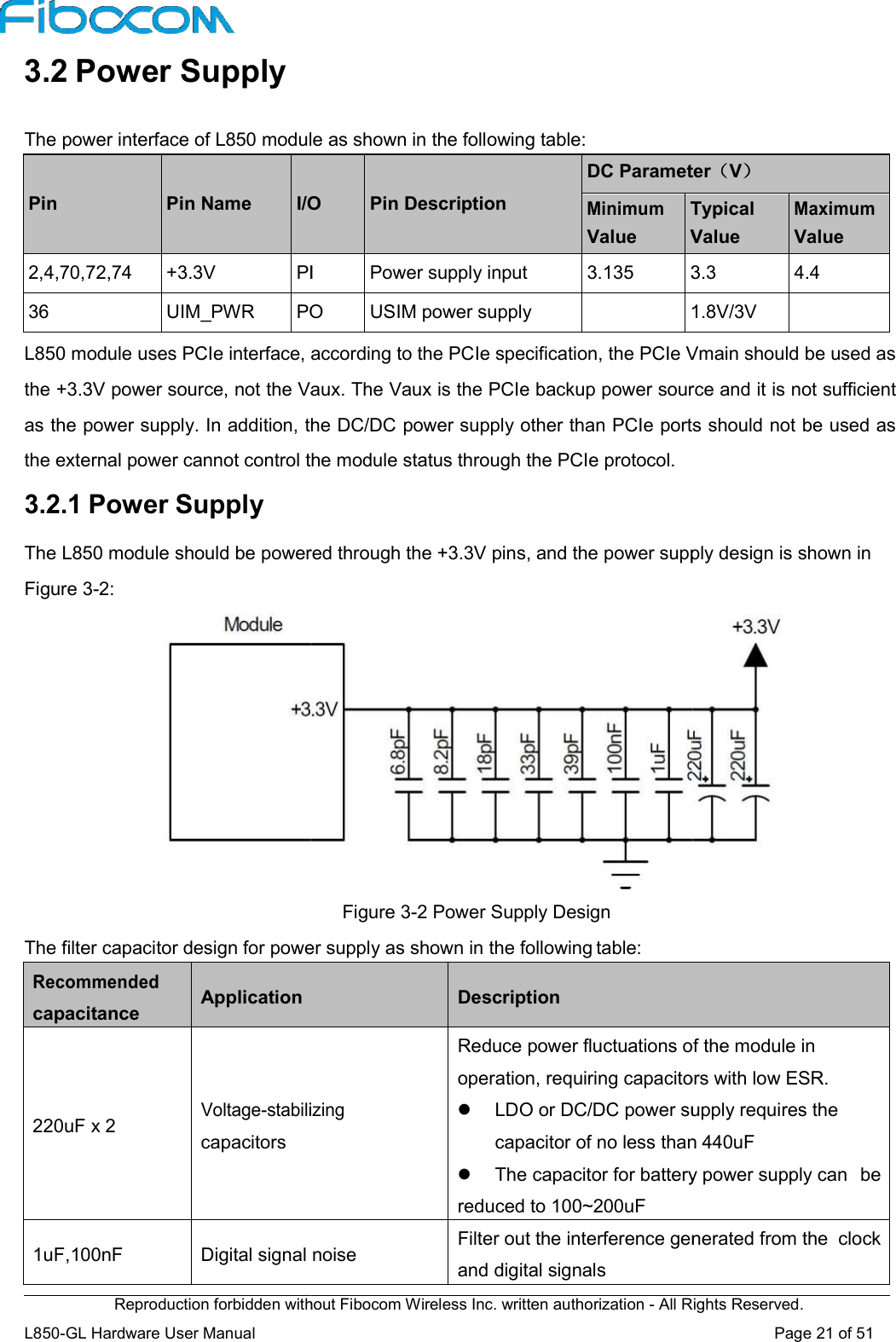 Reproduction forbidden without Fibocom Wireless Inc. written authorization L850-GL Hardware User Manual    3.2 Power Supply  The power interface of L850 module as shown in the following table: Pin  Pin Name  I/O2,4,70,72,74  +3.3V PI36  UIM_PWR POL850 module uses PCIe interface, according to the PCIe specification, the PCIe Vmain should be used as the +3.3V power source, not the Vaux. The Vaux is the PCIe backup power source andas the power supply. In addition, the DC/DC power supply other than PCIe ports should not be used as the external power cannot control the module status through the PCIe protocol.3.2.1 Power Supply The L850 module should be powered throughFigure 3-2: The filter capacitor design for power supply as shown in the followingRecommended capacitance  Application     220uF x 2    Voltage-stabilizing capacitors  1uF,100nF  Digital signal noiseReproduction forbidden without Fibocom Wireless Inc. written authorization - All Rights Reserved.The power interface of L850 module as shown in the following table: I/O  Pin Description DC ParameterMinimum Value TypicalValuePI  Power supply input  3.135 3.3PO  USIM power supply   1.8V/3VL850 module uses PCIe interface, according to the PCIe specification, the PCIe Vmain should be used as the +3.3V power source, not the Vaux. The Vaux is the PCIe backup power source andas the power supply. In addition, the DC/DC power supply other than PCIe ports should not be used as the external power cannot control the module status through the PCIe protocol. The L850 module should be powered through the +3.3V pins, and the power supply design is shown in Figure 3-2 Power Supply Design The filter capacitor design for power supply as shown in the following table:   Description stabilizing Reduce power fluctuations of the module in operation, requiring capacitors with  LDO or DC/DC power supply requires the capacitor of no less than The capacitor for battery power supply can reduced to 100~200uF Digital signal noise Filter out the interference generated from the  clockand digital signals All Rights Reserved. Page 21 of 51 DC Parameter（V） Typical Value Maximum Value 3.3  4.4 1.8V/3V  L850 module uses PCIe interface, according to the PCIe specification, the PCIe Vmain should be used as the +3.3V power source, not the Vaux. The Vaux is the PCIe backup power source and it is not sufficient as the power supply. In addition, the DC/DC power supply other than PCIe ports should not be used as the +3.3V pins, and the power supply design is shown in  Reduce power fluctuations of the module in operation, requiring capacitors with low ESR. LDO or DC/DC power supply requires the capacitor of no less than 440uF The capacitor for battery power supply can  be Filter out the interference generated from the  clock 