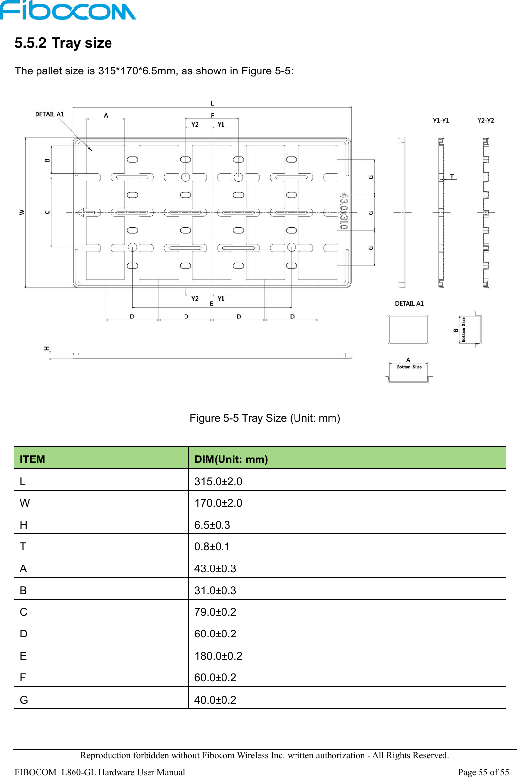  Reproduction forbidden without Fibocom Wireless Inc. written authorization - All Rights Reserved. FIBOCOM_L860-GL Hardware User Manual                                                                                                                      Page 55 of 55 5.5.2 Tray size The pallet size is 315*170*6.5mm, as shown in Figure 5-5:   Figure 5-5 Tray Size (Unit: mm)     ITEM DIM(Unit: mm) L 315.0±2.0 W 170.0±2.0 H 6.5±0.3 T 0.8±0.1 A 43.0±0.3 B 31.0±0.3 C 79.0±0.2 D 60.0±0.2 E 180.0±0.2 F 60.0±0.2 G 40.0±0.2 