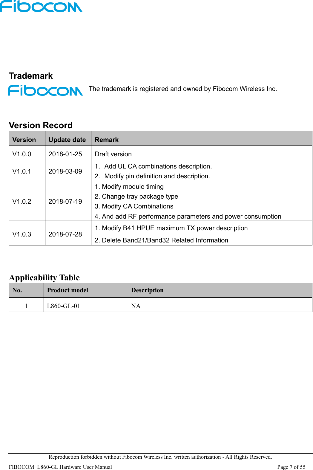  Reproduction forbidden without Fibocom Wireless Inc. written authorization - All Rights Reserved. FIBOCOM_L860-GL Hardware User Manual                                                                                                                      Page 7 of 55     Trademark The trademark is registered and owned by Fibocom Wireless Inc.   Version Record Version Update date Remark V1.0.0 2018-01-25 Draft version V1.0.1 2018-03-09 1. Add UL CA combinations description. 2. Modify pin definition and description. V1.0.2 2018-07-19 1. Modify module timing 2. Change tray package type 3. Modify CA Combinations   4. And add RF performance parameters and power consumption V1.0.3 2018-07-28 1. Modify B41 HPUE maximum TX power description 2. Delete Band21/Band32 Related Information   Applicability Table No. Product model Description 1 L860-GL-01 NA           
