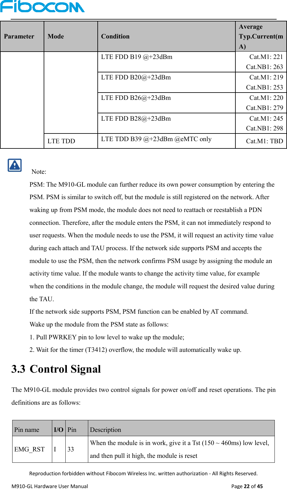  Reproduction forbidden without Fibocom Wireless Inc. written authorization - All Rights Reserved. M910-GL Hardware User Manual                                                                                                  Page 22 of 45  Parameter Mode Condition Average Typ.Current(mA) LTE FDD B19 @+23dBm Cat.M1: 221 Cat.NB1: 263 LTE FDD B20@+23dBm Cat.M1: 219 Cat.NB1: 253 LTE FDD B26@+23dBm Cat.M1: 220 Cat.NB1: 279 LTE FDD B28@+23dBm Cat.M1: 245 Cat.NB1: 298 LTE TDD LTE TDD B39 @+23dBm @eMTC only Cat.M1: TBD        Note: PSM: The M910-GL module can further reduce its own power consumption by entering the PSM. PSM is similar to switch off, but the module is still registered on the network. After waking up from PSM mode, the module does not need to reattach or reestablish a PDN connection. Therefore, after the module enters the PSM, it can not immediately respond to user requests. When the module needs to use the PSM, it will request an activity time value during each attach and TAU process. If the network side supports PSM and accepts the module to use the PSM, then the network confirms PSM usage by assigning the module an activity time value. If the module wants to change the activity time value, for example when the conditions in the module change, the module will request the desired value during the TAU. If the network side supports PSM, PSM function can be enabled by AT command. Wake up the module from the PSM state as follows: 1. Pull PWRKEY pin to low level to wake up the module; 2. Wait for the timer (T3412) overflow, the module will automatically wake up. 3.3 Control Signal The M910-GL module provides two control signals for power on/off and reset operations. The pin definitions are as follows:  Pin name I/O Pin Description EMG_RST I 33 When the module is in work, give it a Tst (150 ~ 460ms) low level, and then pull it high, the module is reset 