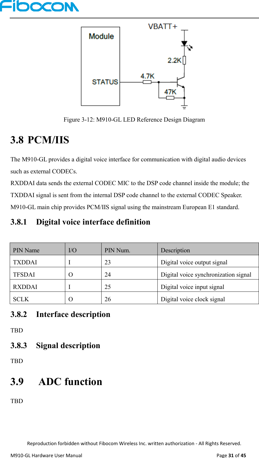  Reproduction forbidden without Fibocom Wireless Inc. written authorization - All Rights Reserved. M910-GL Hardware User Manual                                                                                                  Page 31 of 45     Figure 3-12: M910-GL LED Reference Design Diagram 3.8 PCM/IIS The M910-GL provides a digital voice interface for communication with digital audio devices such as external CODECs. RXDDAI data sends the external CODEC MIC to the DSP code channel inside the module; the TXDDAI signal is sent from the internal DSP code channel to the external CODEC Speaker. M910-GL main chip provides PCM/IIS signal using the mainstream European E1 standard. 3.8.1   Digital voice interface definition  PIN Name I/O PIN Num. Description TXDDAI I 23 Digital voice output signal TFSDAI O 24 Digital voice synchronization signal RXDDAI I 25 Digital voice input signal SCLK O 26 Digital voice clock signal 3.8.2   Interface description TBD 3.8.3   Signal description TBD 3.9   ADC function TBD 
