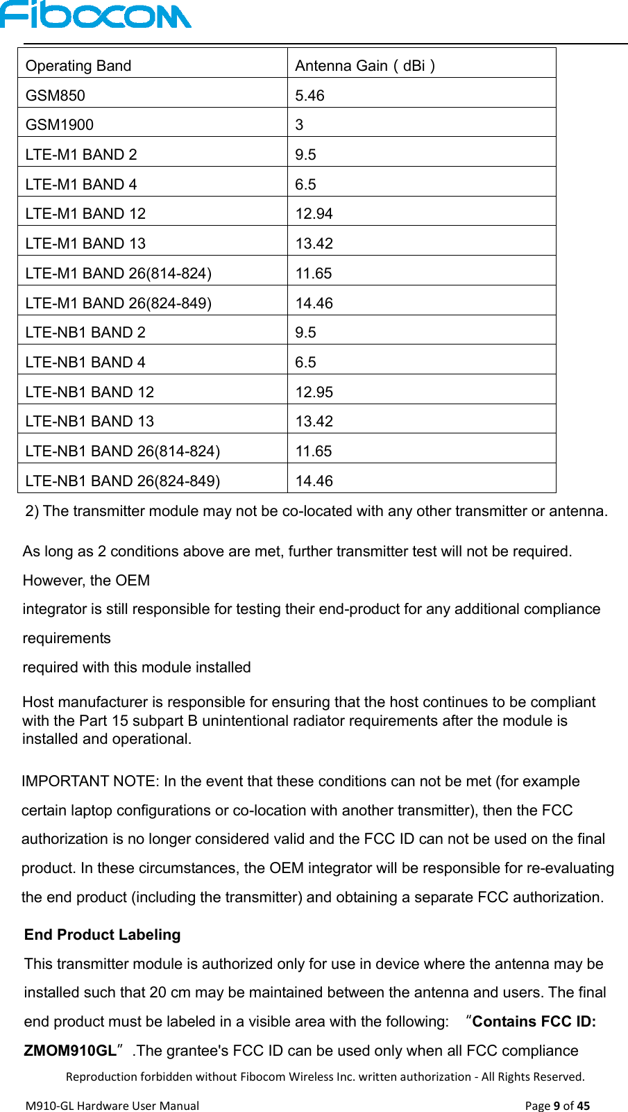 Reproduction forbidden without Fibocom Wireless Inc. written authorization - All Rights Reserved. M910-GL Hardware User Manual    Page 9 of 45 Operating Band Antenna Gain（dBi） GSM850 5.46 GSM1900 3 LTE-M1 BAND 2 9.5 LTE-M1 BAND 4 6.5 LTE-M1 BAND 12 12.94 LTE-M1 BAND 13 13.42 LTE-M1 BAND 26(814-824) 11.65 LTE-M1 BAND 26(824-849) 14.46 LTE-NB1 BAND 2 9.5 LTE-NB1 BAND 4 6.5 LTE-NB1 BAND 12 12.95 LTE-NB1 BAND 13 13.42 LTE-NB1 BAND 26(814-824) 11.65 LTE-NB1 BAND 26(824-849) 14.46 2) The transmitter module may not be co-located with any other transmitter or antenna.As long as 2 conditions above are met, further transmitter test will not be required. However, the OEM integrator is still responsible for testing their end-product for any additional compliance requirements required with this module installed IMPORTANT NOTE: In the event that these conditions can not be met (for example certain laptop configurations or co-location with another transmitter), then the FCC authorization is no longer considered valid and the FCC ID can not be used on the final product. In these circumstances, the OEM integrator will be responsible for re-evaluating the end product (including the transmitter) and obtaining a separate FCC authorization. End Product Labeling This transmitter module is authorized only for use in device where the antenna may be installed such that 20 cm may be maintained between the antenna and users. The final end product must be labeled in a visible area with the following:  “Contains FCC ID: ZMOM910GL”.The grantee&apos;s FCC ID can be used only when all FCC compliance Host manufacturer is responsible for ensuring that the host continues to be compliant with the Part 15 subpart B unintentional radiator requirements after the module is installed and operational.