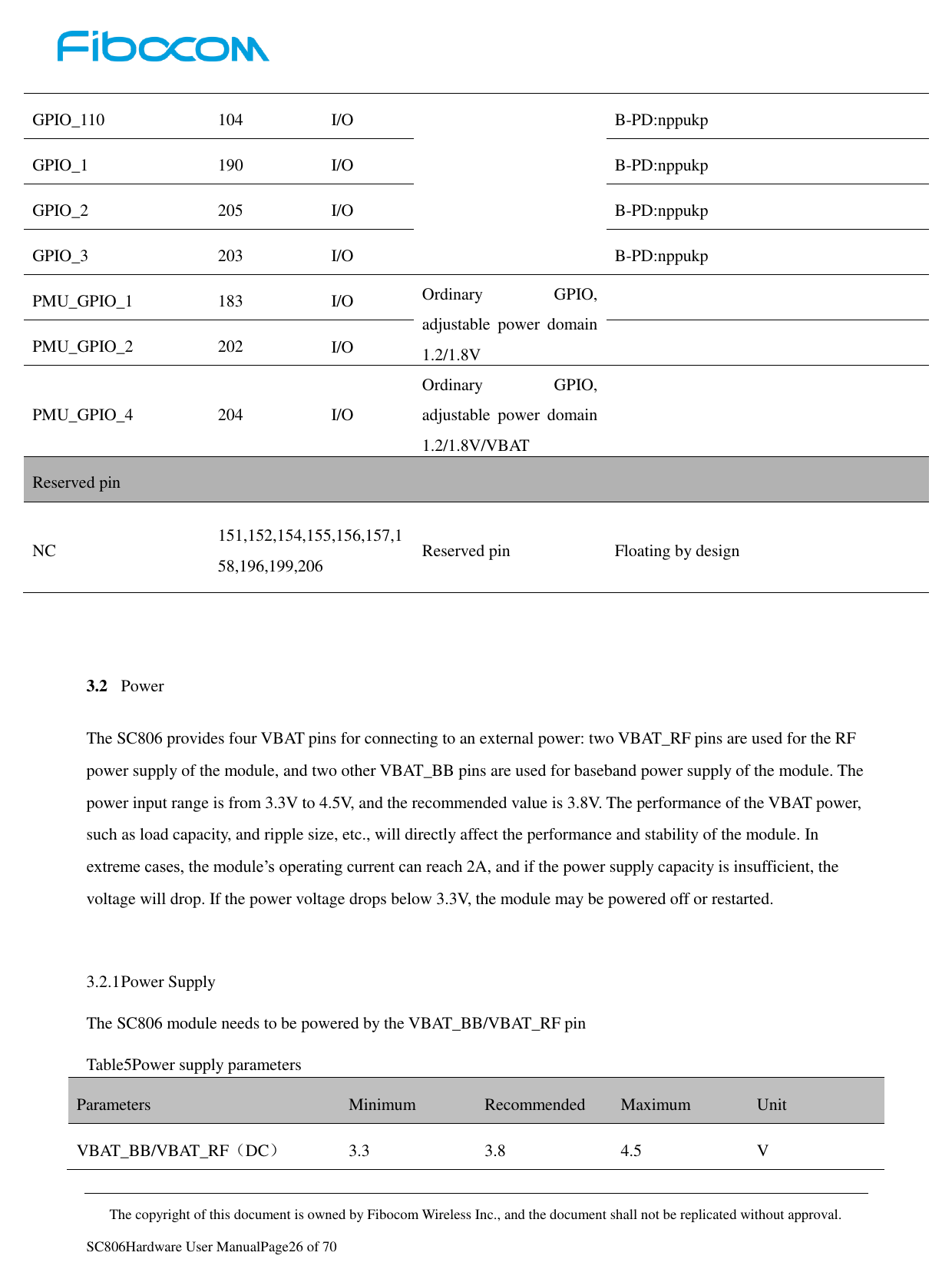     The copyright of this document is owned by Fibocom Wireless Inc., and the document shall not be replicated without approval.   SC806Hardware User ManualPage26 of 70 GPIO_110 104 I/O B-PD:nppukp GPIO_1 190 I/O B-PD:nppukp GPIO_2 205 I/O B-PD:nppukp GPIO_3 203 I/O B-PD:nppukp PMU_GPIO_1 183 I/O Ordinary  GPIO, adjustable  power  domain 1.2/1.8V  PMU_GPIO_2 202 I/O  PMU_GPIO_4 204 I/O Ordinary  GPIO, adjustable  power  domain 1.2/1.8V/VBAT  Reserved pin NC 151,152,154,155,156,157,158,196,199,206 Reserved pin Floating by design   3.2 Power The SC806 provides four VBAT pins for connecting to an external power: two VBAT_RF pins are used for the RF power supply of the module, and two other VBAT_BB pins are used for baseband power supply of the module. The power input range is from 3.3V to 4.5V, and the recommended value is 3.8V. The performance of the VBAT power, such as load capacity, and ripple size, etc., will directly affect the performance and stability of the module. In extreme cases, the module’s operating current can reach 2A, and if the power supply capacity is insufficient, the voltage will drop. If the power voltage drops below 3.3V, the module may be powered off or restarted.  3.2.1 Power Supply The SC806 module needs to be powered by the VBAT_BB/VBAT_RF pin Table5Power supply parameters Parameters Minimum Recommended   Maximum Unit VBAT_BB/VBAT_RF（DC） 3.3 3.8 4.5   V 