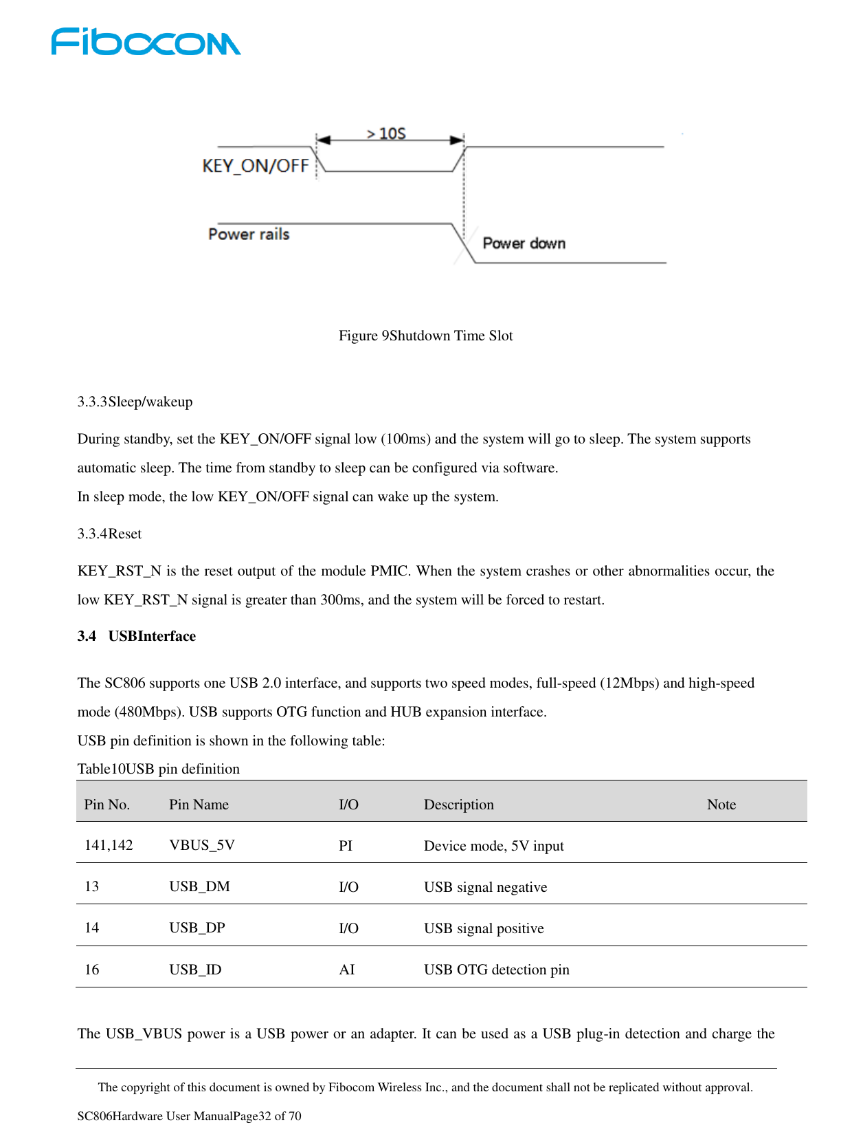     The copyright of this document is owned by Fibocom Wireless Inc., and the document shall not be replicated without approval.   SC806Hardware User ManualPage32 of 70  Figure 9Shutdown Time Slot  3.3.3 Sleep/wakeup During standby, set the KEY_ON/OFF signal low (100ms) and the system will go to sleep. The system supports automatic sleep. The time from standby to sleep can be configured via software. In sleep mode, the low KEY_ON/OFF signal can wake up the system. 3.3.4 Reset KEY_RST_N is the reset output of the module PMIC. When the system crashes or other abnormalities occur, the low KEY_RST_N signal is greater than 300ms, and the system will be forced to restart. 3.4 USBInterface The SC806 supports one USB 2.0 interface, and supports two speed modes, full-speed (12Mbps) and high-speed mode (480Mbps). USB supports OTG function and HUB expansion interface. USB pin definition is shown in the following table: Table10USB pin definition Pin No. Pin Name I/O Description Note 141,142 VBUS_5V PI Device mode, 5V input  13 USB_DM I/O USB signal negative  14 USB_DP I/O USB signal positive  16 USB_ID AI USB OTG detection pin   The USB_VBUS power is a USB power or an adapter. It can be used as a USB plug-in detection and charge the 