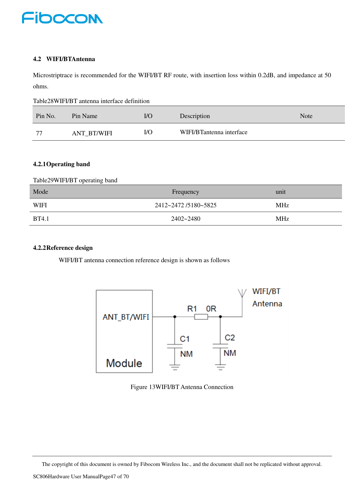     The copyright of this document is owned by Fibocom Wireless Inc., and the document shall not be replicated without approval.   SC806Hardware User ManualPage47 of 70  4.2 WIFI/BTAntenna Microstriptrace is recommended for the WIFI/BT RF route, with insertion loss within 0.2dB, and impedance at 50 ohms. Table28WIFI/BT antenna interface definition Pin No. Pin Name I/O Description Note 77 ANT_BT/WIFI I/O WIFI/BTantenna interface   4.2.1 Operating band Table29WIFI/BT operating band Mode Frequency unit WIFI 2412~2472 /5180~5825 MHz BT4.1 2402~2480 MHz  4.2.2 Reference design WIFI/BT antenna connection reference design is shown as follows  Figure 13WIFI/BT Antenna Connection    