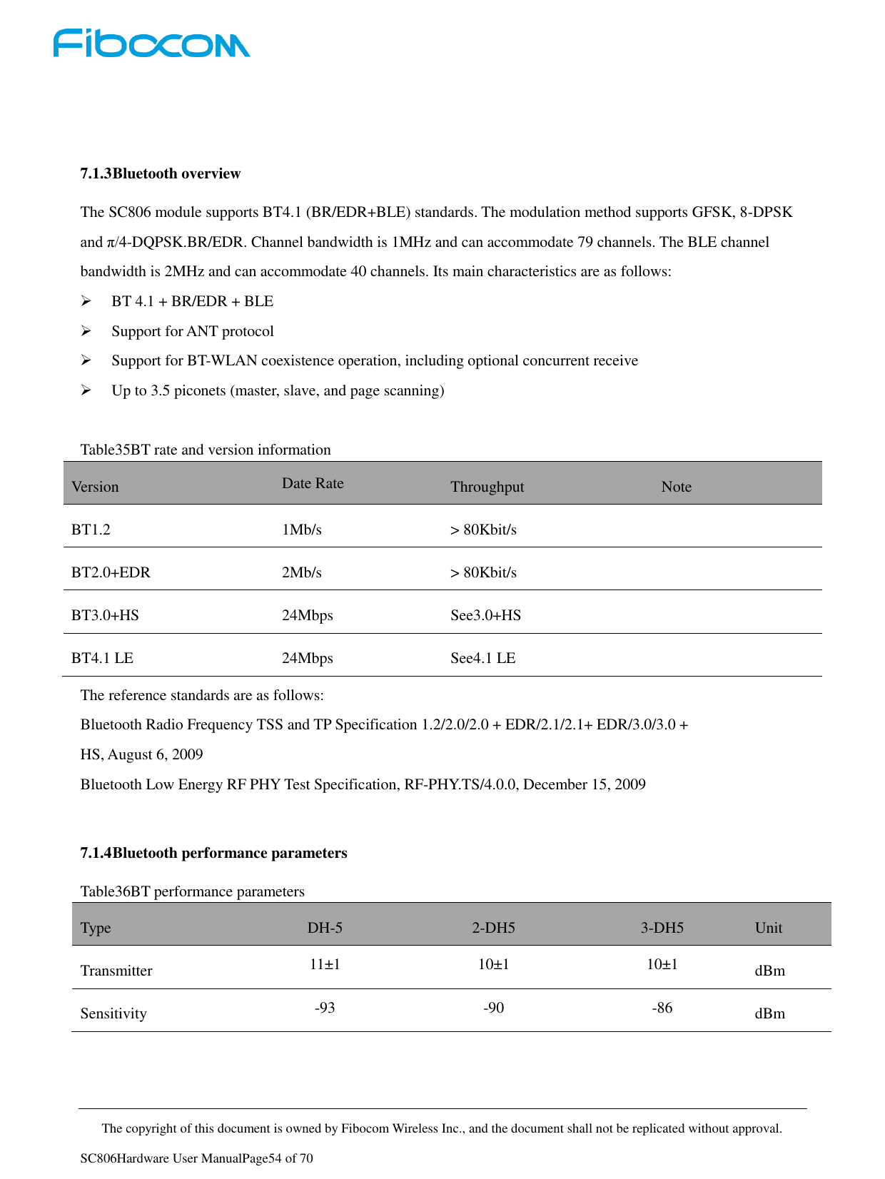     The copyright of this document is owned by Fibocom Wireless Inc., and the document shall not be replicated without approval.   SC806Hardware User ManualPage54 of 70   7.1.3 Bluetooth overview The SC806 module supports BT4.1 (BR/EDR+BLE) standards. The modulation method supports GFSK, 8-DPSK and π/4-DQPSK.BR/EDR. Channel bandwidth is 1MHz and can accommodate 79 channels. The BLE channel bandwidth is 2MHz and can accommodate 40 channels. Its main characteristics are as follows: ➢ BT 4.1 + BR/EDR + BLE ➢ Support for ANT protocol ➢ Support for BT-WLAN coexistence operation, including optional concurrent receive ➢ Up to 3.5 piconets (master, slave, and page scanning)  Table35BT rate and version information Version Date Rate Throughput Note BT1.2 1Mb/s &gt; 80Kbit/s  BT2.0+EDR 2Mb/s &gt; 80Kbit/s  BT3.0+HS 24Mbps See3.0+HS  BT4.1 LE 24Mbps See4.1 LE  The reference standards are as follows: Bluetooth Radio Frequency TSS and TP Specification 1.2/2.0/2.0 + EDR/2.1/2.1+ EDR/3.0/3.0 + HS, August 6, 2009 Bluetooth Low Energy RF PHY Test Specification, RF-PHY.TS/4.0.0, December 15, 2009  7.1.4 Bluetooth performance parameters Table36BT performance parameters Type DH-5 2-DH5 3-DH5 Unit Transmitter 11±1 10±1 10±1 dBm Sensitivity -93 -90 -86 dBm   