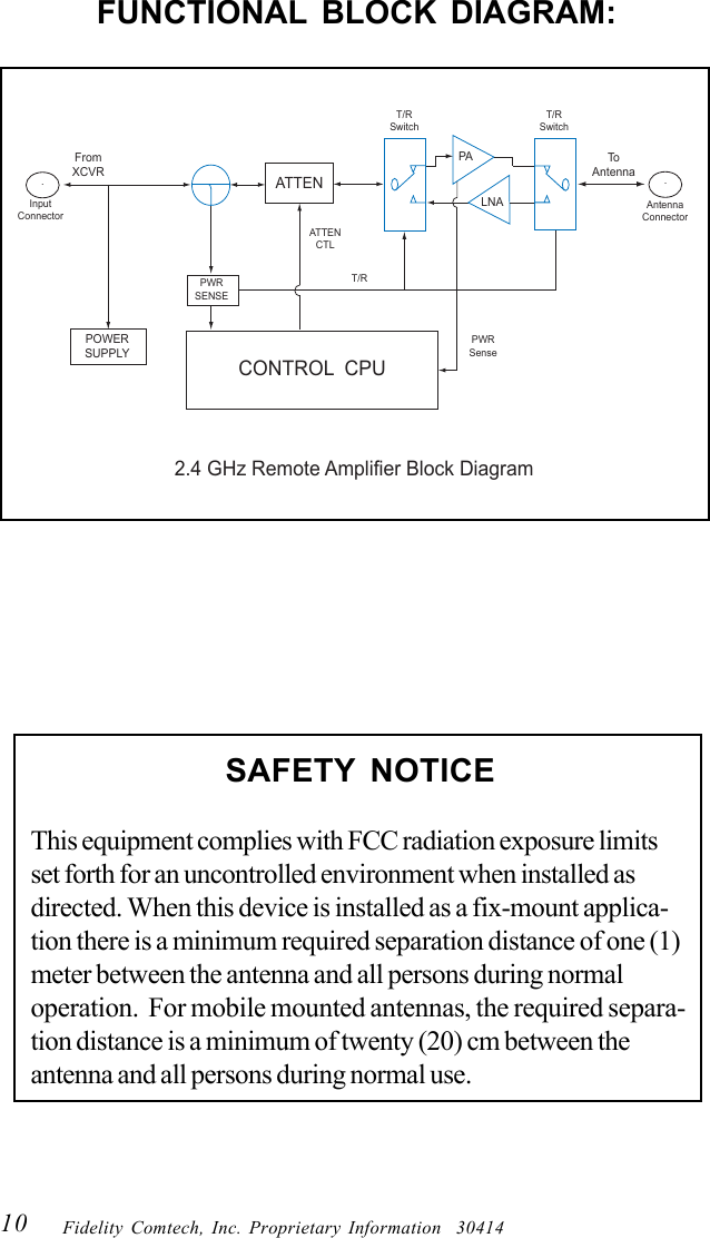 10 Fidelity Comtech, Inc. Proprietary Information  30414FUNCTIONAL BLOCK DIAGRAM:POWERSUPPLYFromXCVRPWRSENSEATTENCONTROL  CPUT/RSwitchT/RSwitchPALNAToAntenna2.4 GHz Remote Amplifier Block DiagramT/RAntennaConnectorInputConnectorPWRSenseATTENCTL..SAFETY NOTICEThis equipment complies with FCC radiation exposure limitsset forth for an uncontrolled environment when installed asdirected. When this device is installed as a fix-mount applica-tion there is a minimum required separation distance of one (1)meter between the antenna and all persons during normaloperation.  For mobile mounted antennas, the required separa-tion distance is a minimum of twenty (20) cm between theantenna and all persons during normal use.