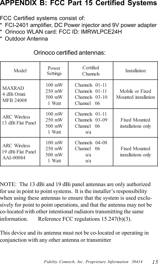 15Fidelity Comtech, Inc. Proprietary Information  30414APPENDIX B: FCC Part 15 Certified SystemsFCC Certified systems consist of:*  FCI-2401 amplifier, DC Power injector and 9V power adapter*  Orinoco WLAN card: FCC ID: IMRWLPCE24H*  Outdoor AntennaOrinoco certified antennas:NOTE:  The 13 dBi and 19 dBi panel antennas are only authorizedfor use in point to point systems.  It is the installer&rsquo;s responsibilitywhen using these antennas to ensure that the system is used exclu-sively for point to point operations, and that the antenna may not beco-located with other intentional radiators transmitting the sameinformation.       Reference FCC regulations 15.247(b)(3).This device and its antenna must not be co-located or operating inconjunction with any other antenna or transmitterledoM rewoPsgnitteSdeifitreCslennahC noitallatsnIDARXAMinmOiBd480042BFMWm001Wm052Wm005ttaW111-10slennahC11-10slennahC01-30slennahC60lennahCdexiFroeliboMnoitallatsnidetnuoMsseleriWCRAlenaPtalFiBd31Wm001Wm052Wm005ttaW111-10slennahC90-30slennahC60lennahCa/ndetnuoMdexiFylnosnoitallatsnisseleriWCRAlenaPtalFiBd9148000-IAAWm001Wm052Wm005ttaW180-40slennahC60lennahCa/na/ndetnuoMdexiFylnosnoitallatsni