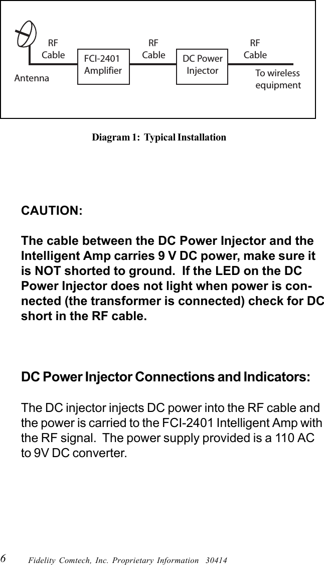 6Fidelity Comtech, Inc. Proprietary Information  30414CAUTION:The cable between the DC Power Injector and theIntelligent Amp carries 9 V DC power, make sure itis NOT shorted to ground.  If the LED on the DCPower Injector does not light when power is con-nected (the transformer is connected) check for DCshort in the RF cable.DC Power Injector Connections and Indicators:The DC injector injects DC power into the RF cable andthe power is carried to the FCI-2401 Intelligent Amp withthe RF signal.  The power supply provided is a 110 ACto 9V DC converter.Diagram 1:  Typical InstallationFCI-2401Amplifier To wirelessequipment    RF Cable    RF Cable    RF CableAntennaDC Power  Injector