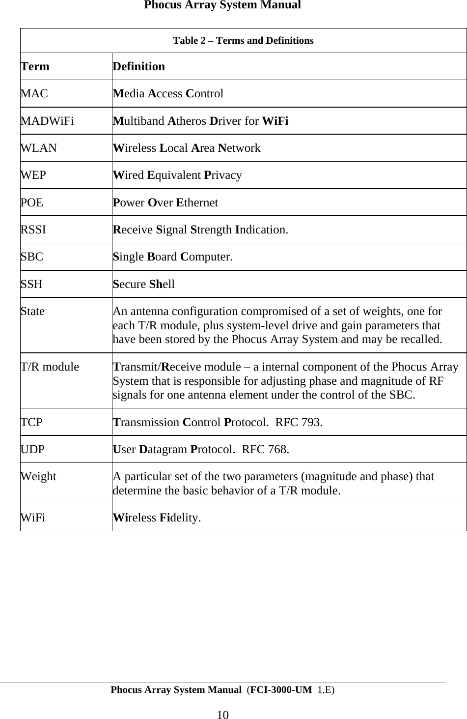 Phocus Array System Manual Phocus Array System Manual  (FCI-3000-UM  1.E) 10 Table 2 &ndash; Terms and Definitions Term Definition MAC  Media Access Control MADWiFi  Multiband Atheros Driver for WiFi WLAN  Wireless Local Area Network WEP  Wired Equivalent Privacy  POE  Power Over Ethernet RSSI  Receive Signal Strength Indication. SBC  Single Board Computer. SSH  Secure Shell State  An antenna configuration compromised of a set of weights, one for each T/R module, plus system-level drive and gain parameters that have been stored by the Phocus Array System and may be recalled. T/R module  Transmit/Receive module &ndash; a internal component of the Phocus Array System that is responsible for adjusting phase and magnitude of RF signals for one antenna element under the control of the SBC. TCP  Transmission Control Protocol.  RFC 793. UDP  User Datagram Protocol.  RFC 768. Weight  A particular set of the two parameters (magnitude and phase) that determine the basic behavior of a T/R module. WiFi  Wireless Fidelity. 