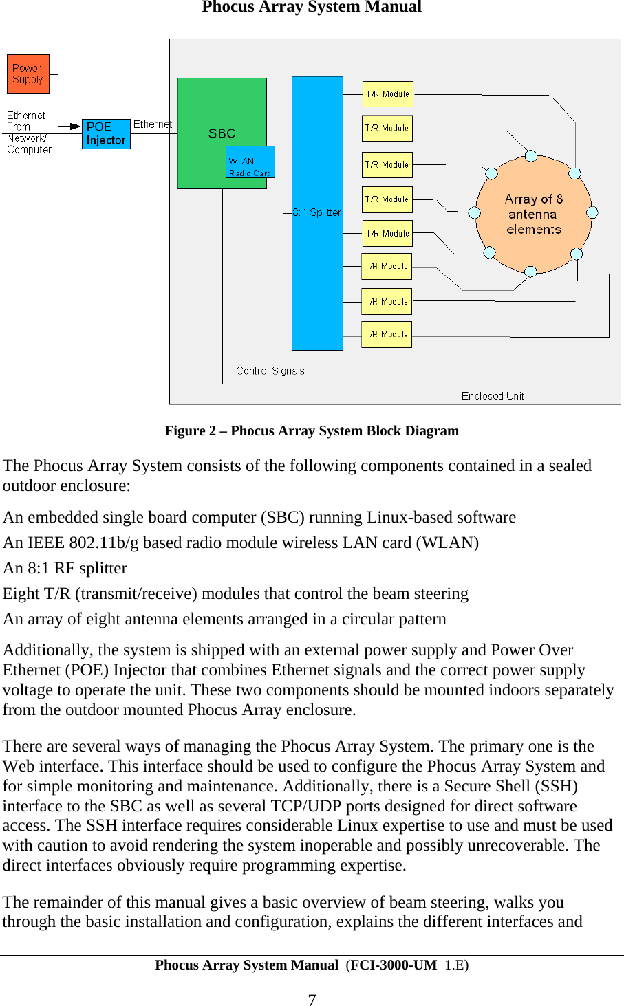 Phocus Array System Manual Phocus Array System Manual  (FCI-3000-UM  1.E) 7  Figure 2 &ndash; Phocus Array System Block Diagram The Phocus Array System consists of the following components contained in a sealed outdoor enclosure: An embedded single board computer (SBC) running Linux-based software  An IEEE 802.11b/g based radio module wireless LAN card (WLAN) An 8:1 RF splitter Eight T/R (transmit/receive) modules that control the beam steering An array of eight antenna elements arranged in a circular pattern  Additionally, the system is shipped with an external power supply and Power Over Ethernet (POE) Injector that combines Ethernet signals and the correct power supply voltage to operate the unit. These two components should be mounted indoors separately from the outdoor mounted Phocus Array enclosure. There are several ways of managing the Phocus Array System. The primary one is the Web interface. This interface should be used to configure the Phocus Array System and for simple monitoring and maintenance. Additionally, there is a Secure Shell (SSH) interface to the SBC as well as several TCP/UDP ports designed for direct software access. The SSH interface requires considerable Linux expertise to use and must be used with caution to avoid rendering the system inoperable and possibly unrecoverable. The direct interfaces obviously require programming expertise. The remainder of this manual gives a basic overview of beam steering, walks you through the basic installation and configuration, explains the different interfaces and 
