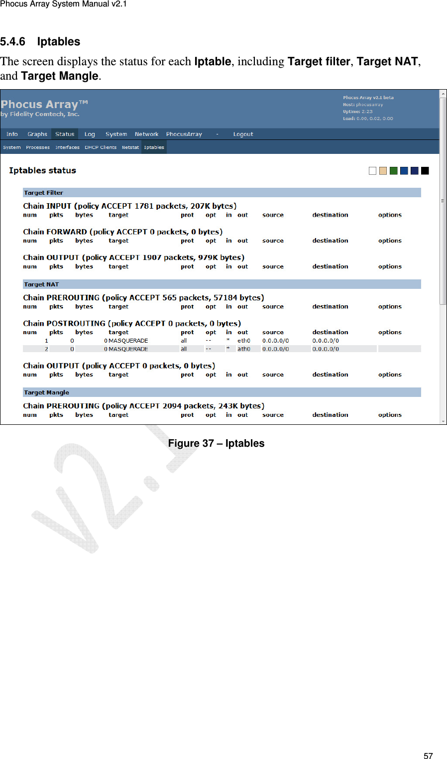 Phocus Array System Manual v2.1 57 5.4.6  Iptables The screen displays the status for each Iptable, including Target filter, Target NAT, and Target Mangle.   Figure 37 &ndash; Iptables  