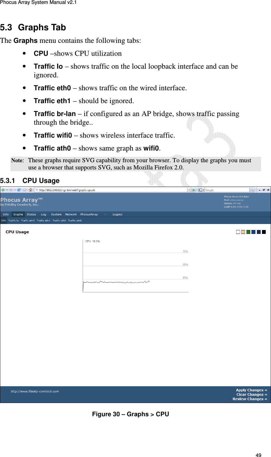 Phocus Array System Manual v2.1 49 5.3  Graphs Tab The Graphs menu contains the following tabs: &bull; CPU &ndash;shows CPU utilization &bull; Traffic Io &ndash; shows traffic on the local loopback interface and can be ignored. &bull; Traffic eth0 &ndash; shows traffic on the wired interface. &bull; Traffic eth1 &ndash; should be ignored. &bull; Traffic br-lan &ndash; if configured as an AP bridge, shows traffic passing through the bridge.. &bull; Traffic wifi0 &ndash; shows wireless interface traffic. &bull; Traffic ath0 &ndash; shows same graph as wifi0. Note:  These graphs require SVG capability from your browser. To display the graphs you must use a browser that supports SVG, such as Mozilla Firefox 2.0. 5.3.1  CPU Usage  Figure 30 &ndash; Graphs > CPU 