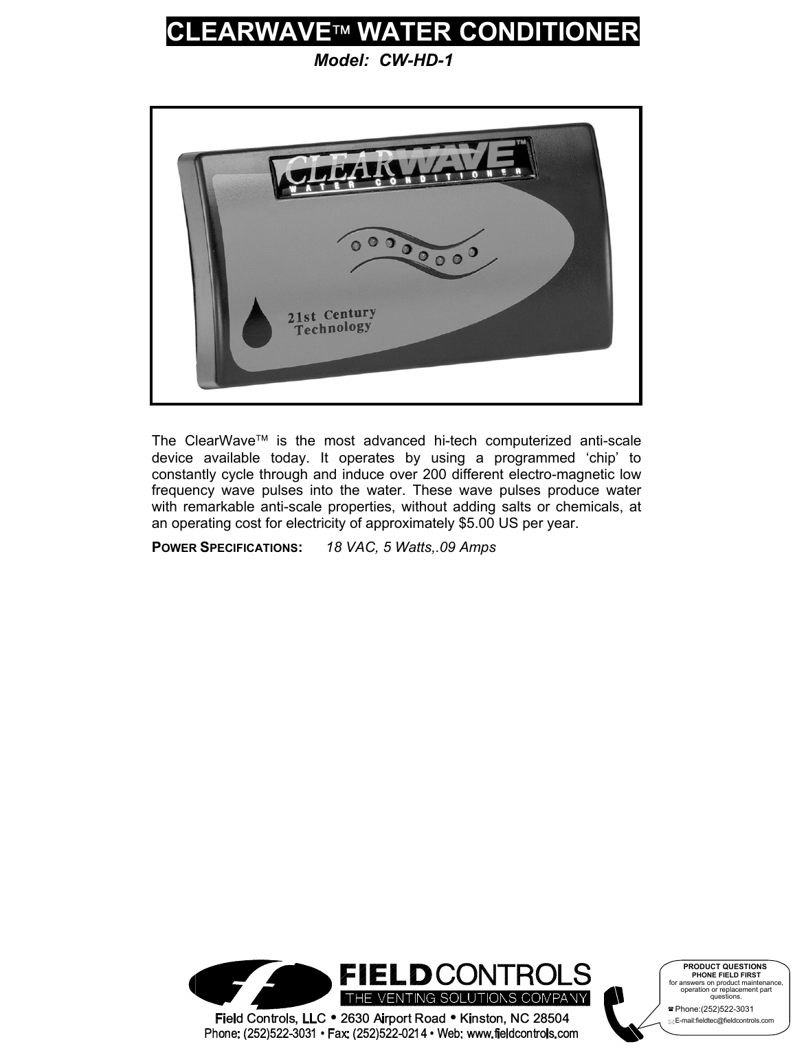 Field Controls Cw Hd 1 Users Manual 46300500 Inst Sheet Rev D 09 02